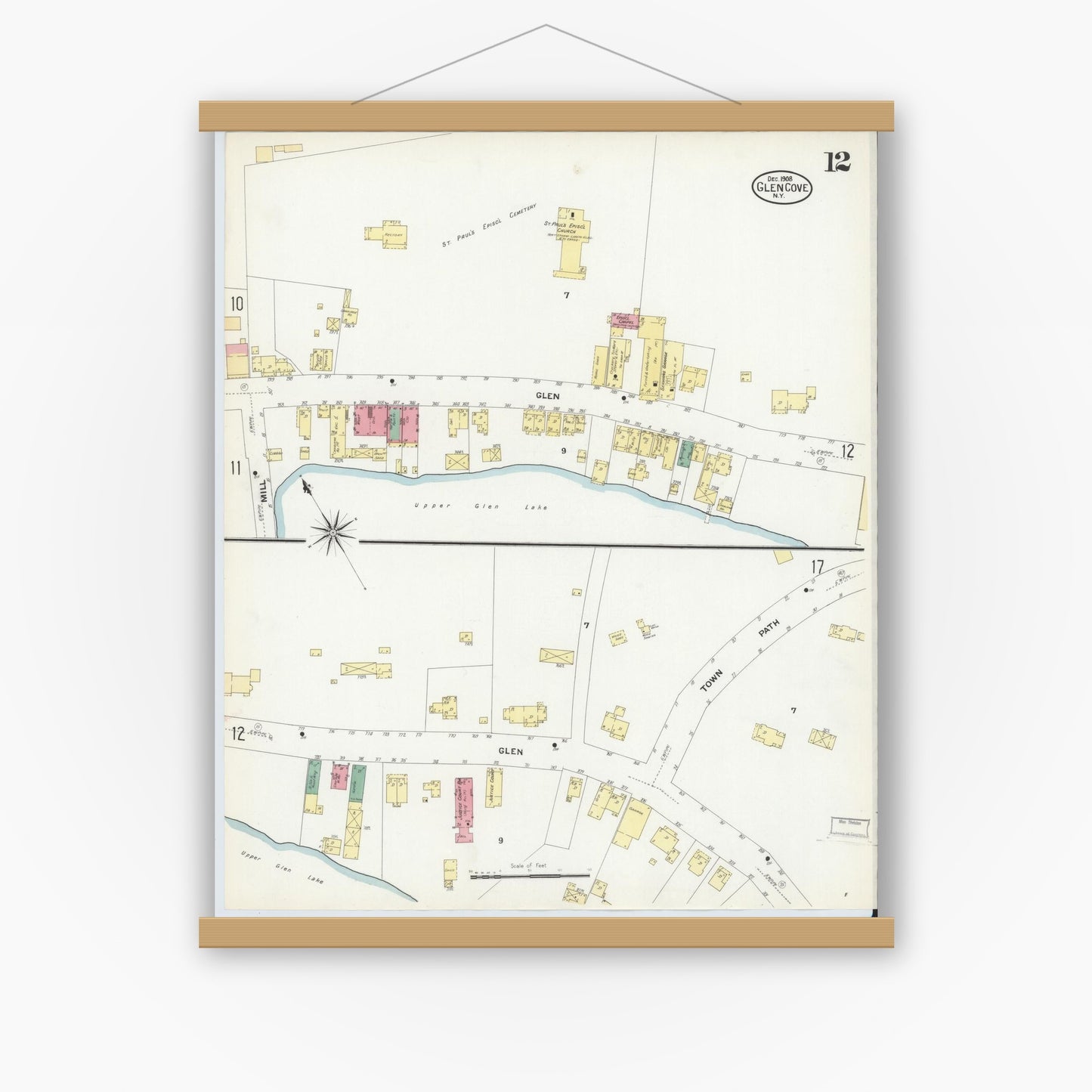 Old map wall art mockup — magnetic wood frame on white wall — Sanborn Fire Insurance Map from Glen Cove, Nassau County, New York (1908), Sheet #0012