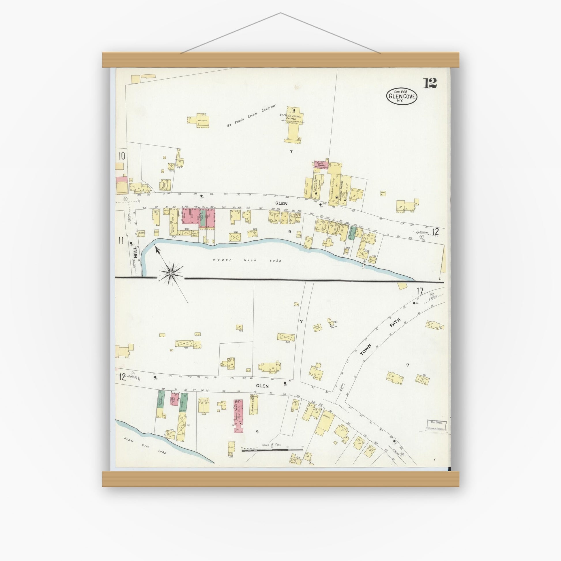 Old map wall art mockup — magnetic wood frame on white wall — Sanborn Fire Insurance Map from Glen Cove, Nassau County, New York (1908), Sheet #0012