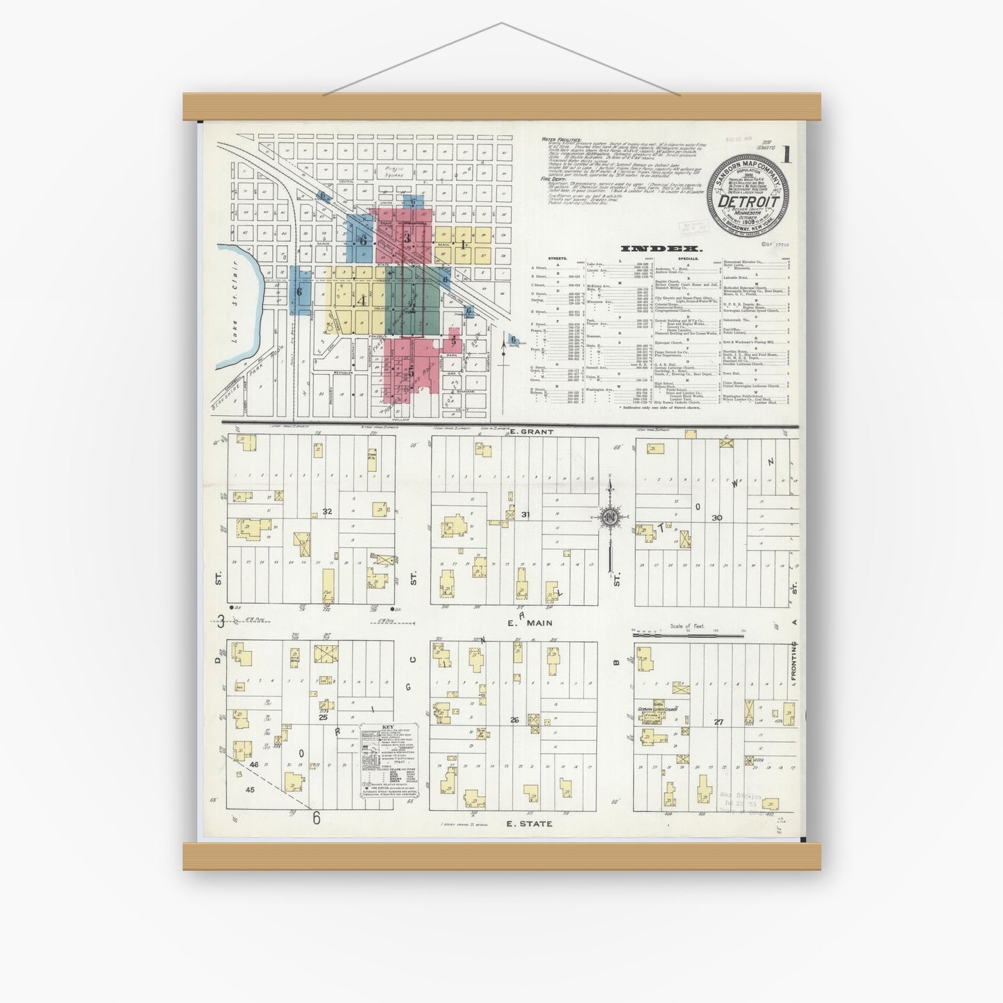 Old map wall art mockup — magnetic wood frame on white wall — Sanborn Fire Insurance Map from Detroit Lakes, Becker County, Minnesota (1909) - Complete Map Set