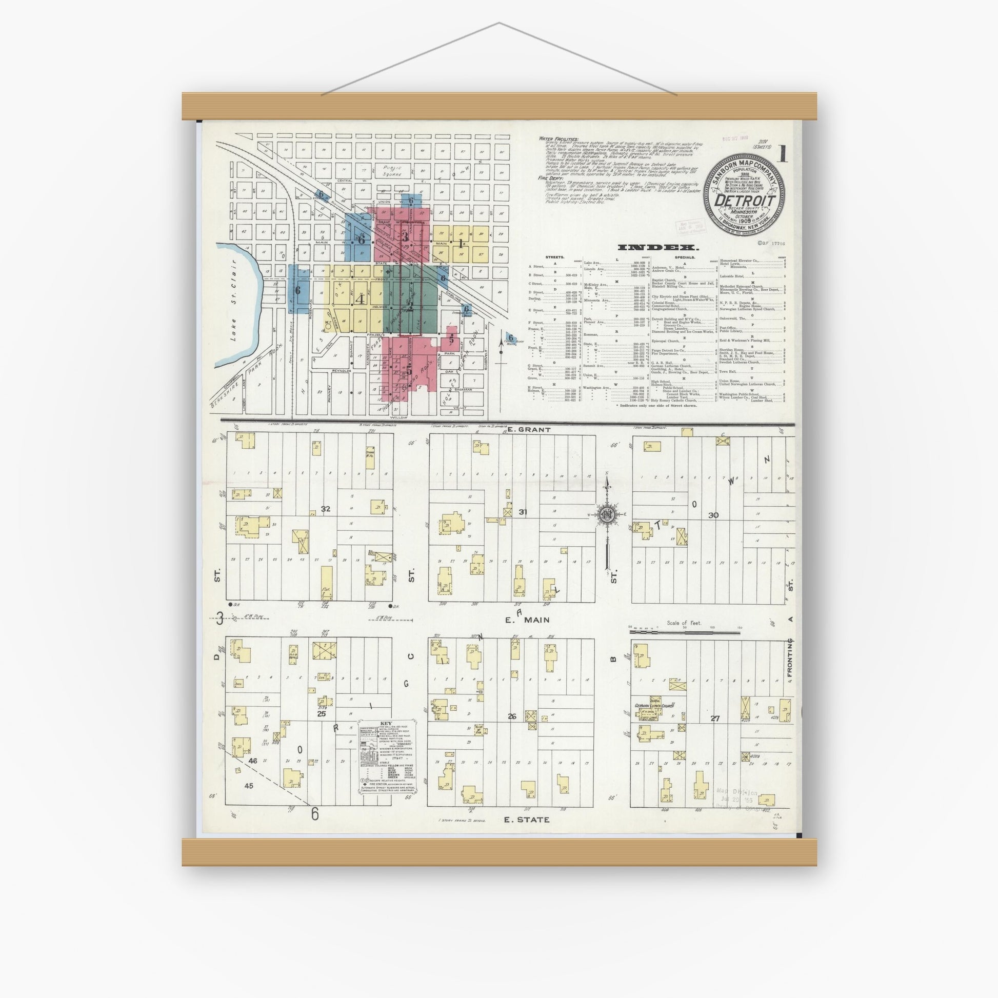 Old map wall art mockup — magnetic wood frame on white wall — Sanborn Fire Insurance Map from Detroit Lakes, Becker County, Minnesota (1909) - Complete Map Set