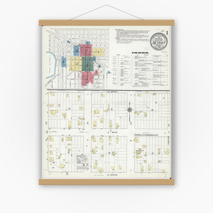 Old map wall art mockup — magnetic wood frame on white wall — Sanborn Fire Insurance Map from Detroit Lakes, Becker County, Minnesota (1909) - Complete Map Set