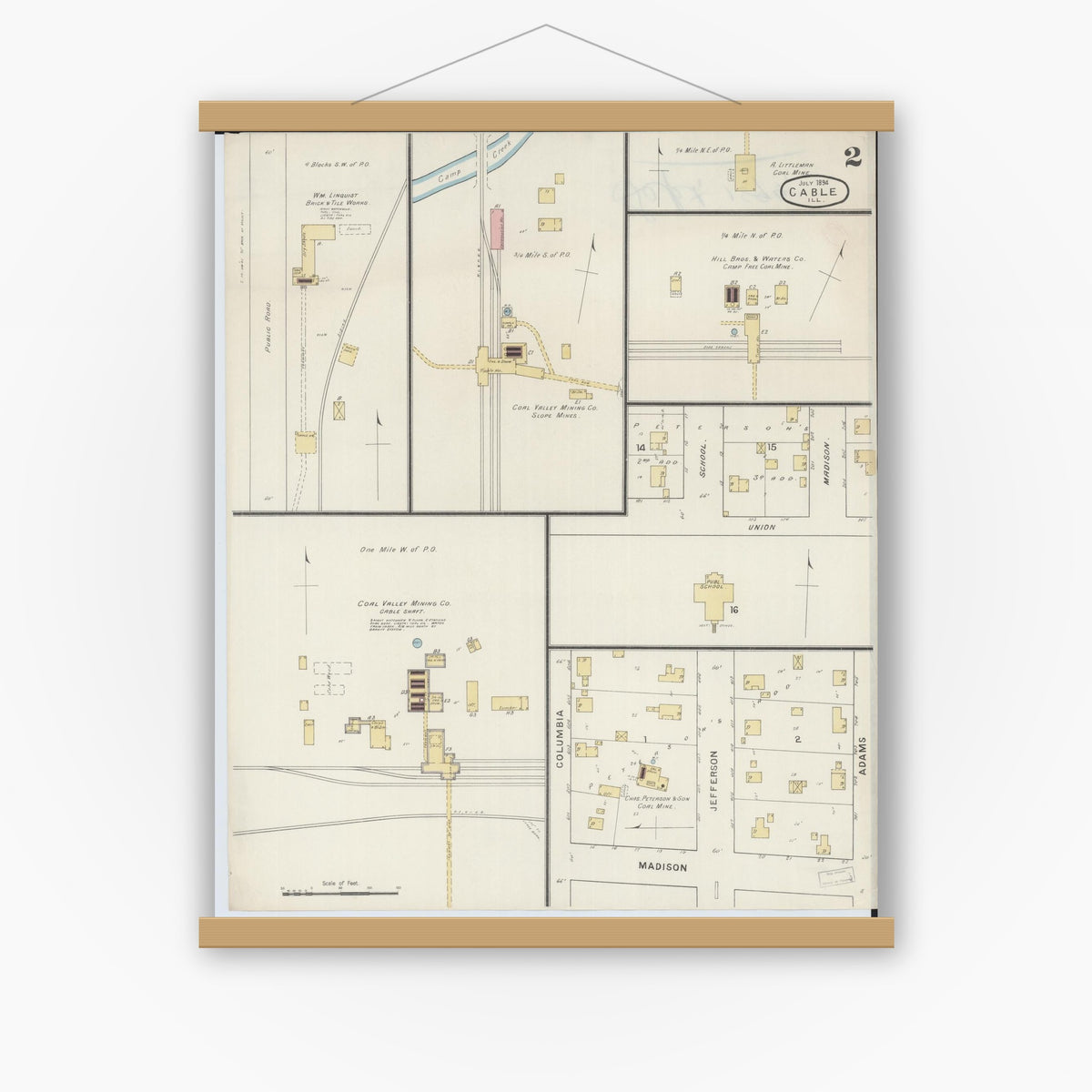 Old map wall art mockup — magnetic wood frame on white wall — Sanborn Fire Insurance Map from Cable, Mercer County, Illinois (1894), Sheet #0002