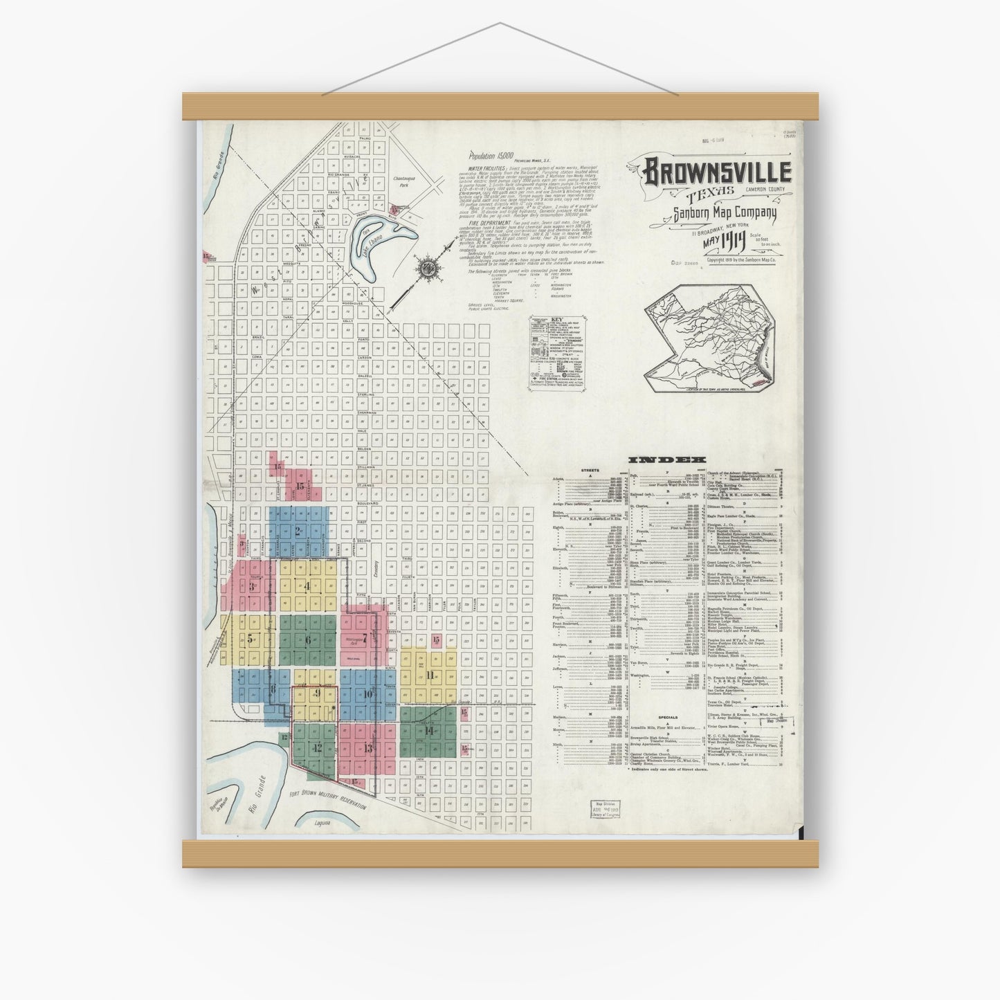 Old map wall art mockup — magnetic wood frame on white wall — Sanborn Fire Insurance Map from Brownsville, Cameron County, Texas (1919), Sheet #0001