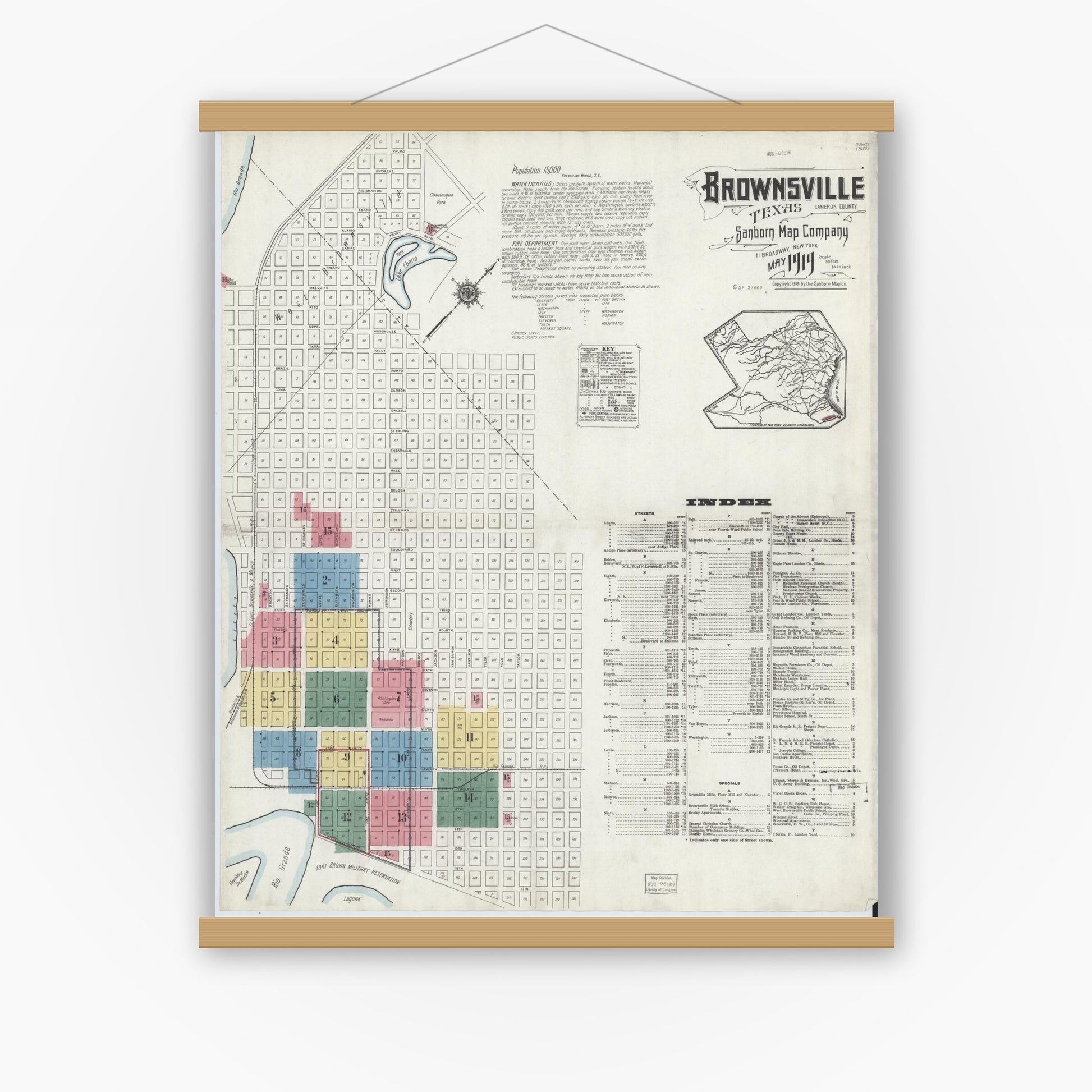Old map wall art mockup — magnetic wood frame on white wall — Sanborn Fire Insurance Map from Brownsville, Cameron County, Texas (1919), Sheet #0001
