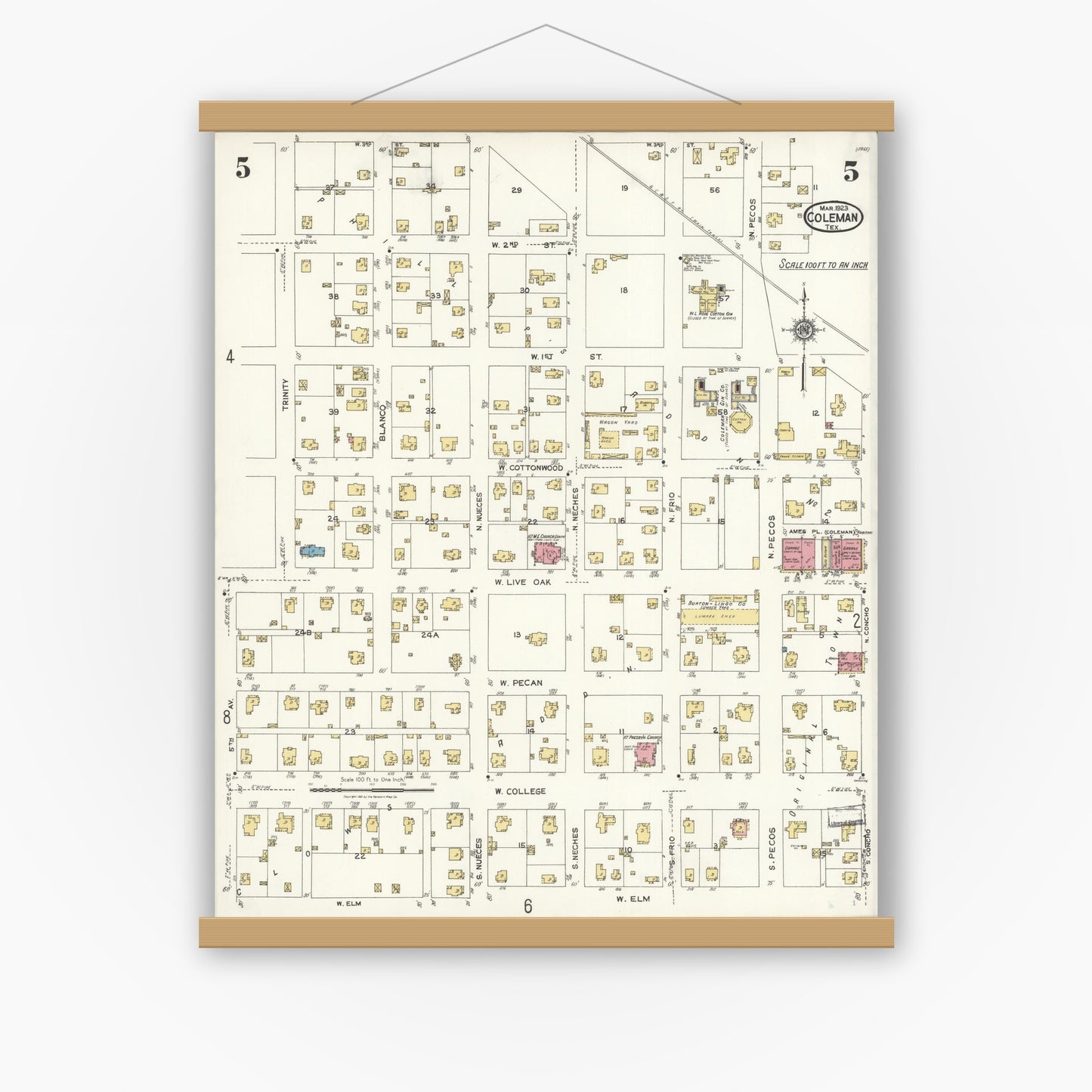Old map wall art mockup — magnetic wood frame on white wall — Sanborn Fire Insurance Map from Coleman, Coleman County, Texas (1923), Sheet #0005