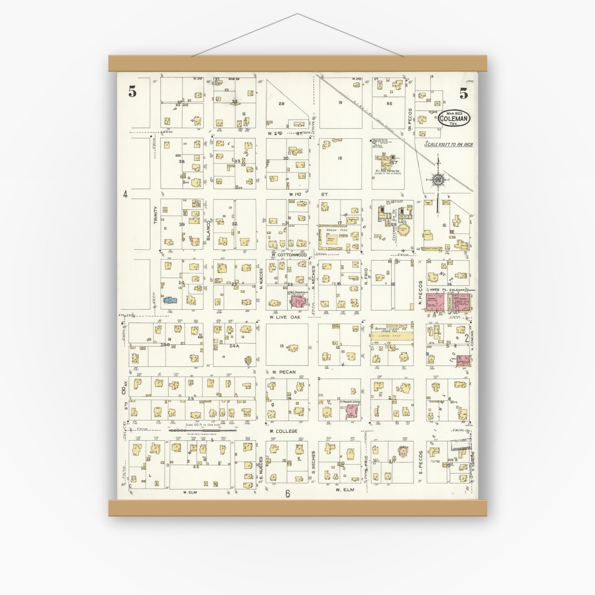 Old map wall art mockup — magnetic wood frame on white wall — Sanborn Fire Insurance Map from Coleman, Coleman County, Texas (1923), Sheet #0005
