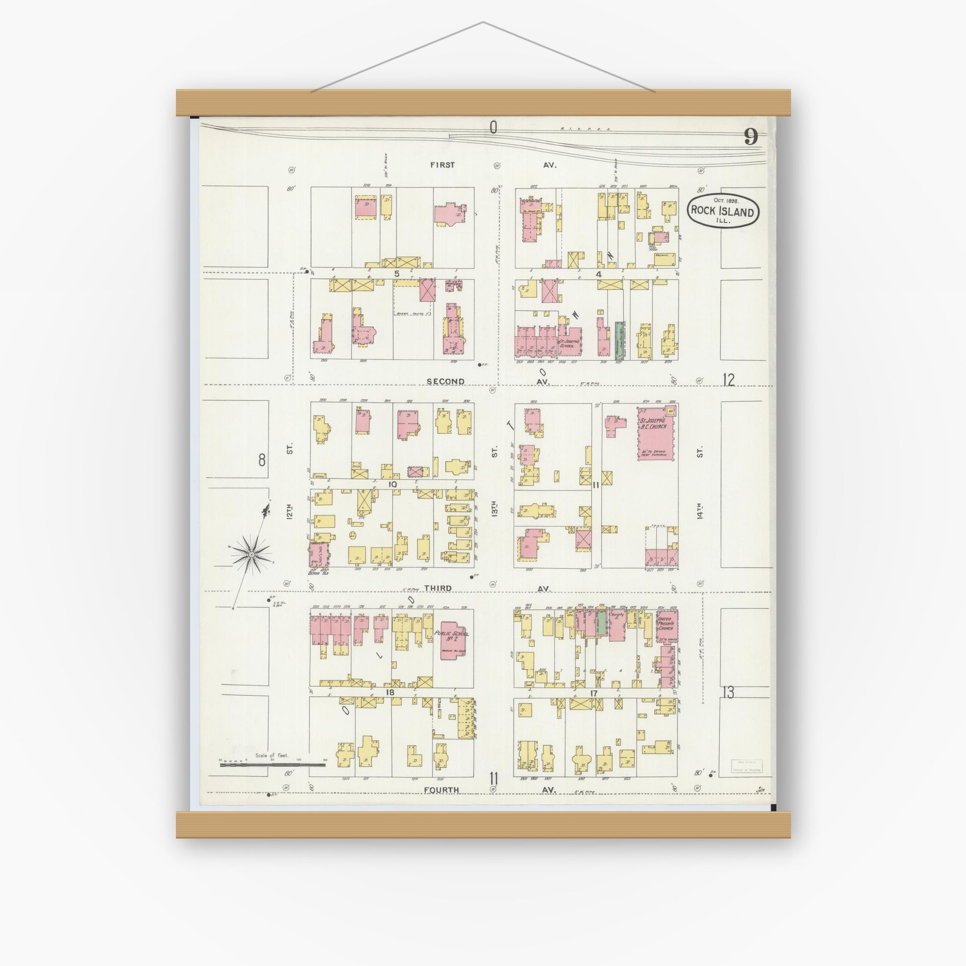 Old map wall art mockup — magnetic wood frame on white wall — Sanborn Fire Insurance Map from Rock Island, Rock Island County, Illinois (1898), Sheet #0009