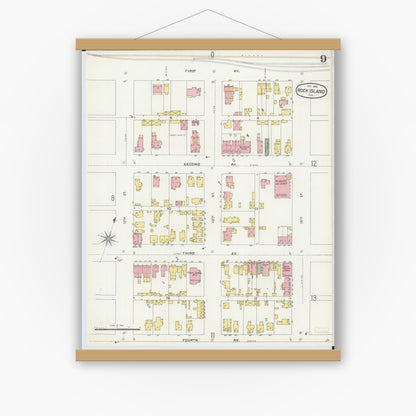 Old map wall art mockup — magnetic wood frame on white wall — Sanborn Fire Insurance Map from Rock Island, Rock Island County, Illinois (1898), Sheet #0009