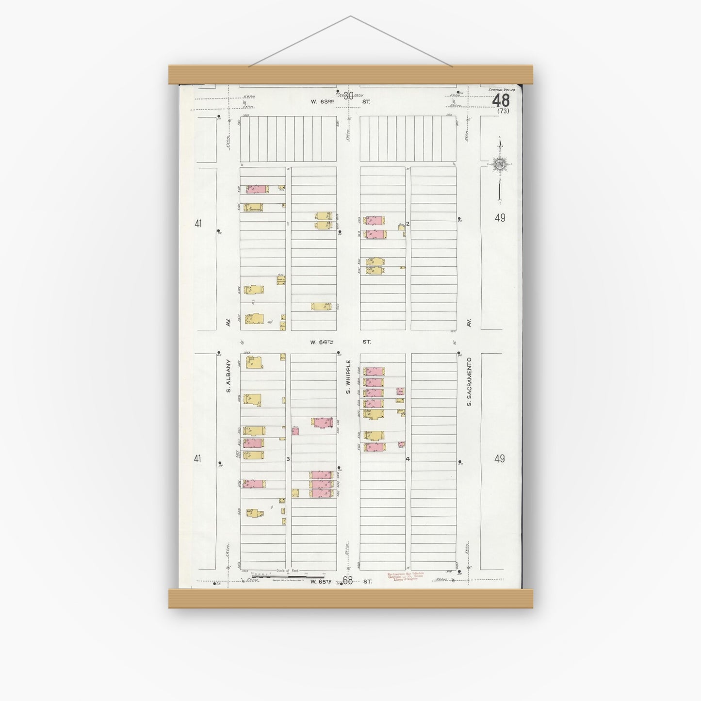 Old map wall art mockup — magnetic wood frame on white wall — Sanborn Fire Insurance Map from Chicago, Cook County, Illinois (1920), Sheet #0048