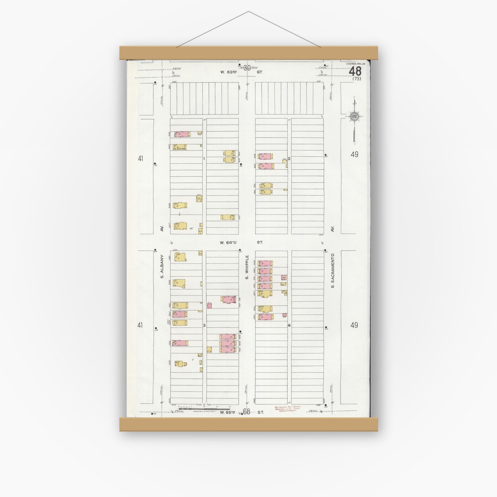 Old map wall art mockup — magnetic wood frame on white wall — Sanborn Fire Insurance Map from Chicago, Cook County, Illinois (1920), Sheet #0048