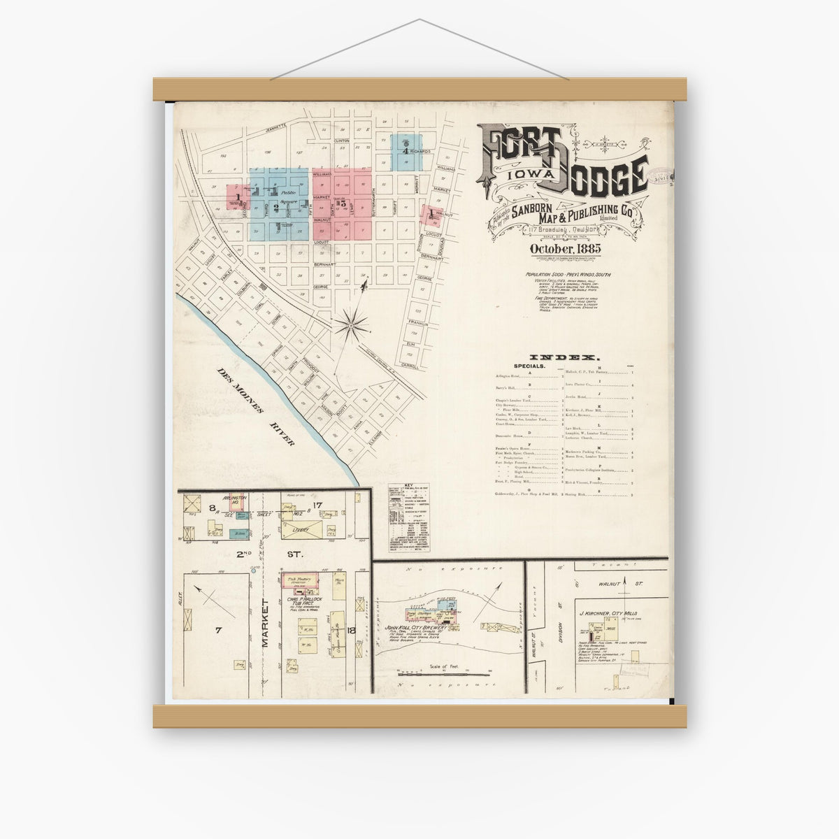 Old map wall art mockup — magnetic wood frame on white wall — Sanborn Fire Insurance Map from Fort Dodge, Webster County, Iowa (1885), Sheet #0001