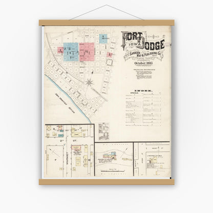 Old map wall art mockup — magnetic wood frame on white wall — Sanborn Fire Insurance Map from Fort Dodge, Webster County, Iowa (1885), Sheet #0001