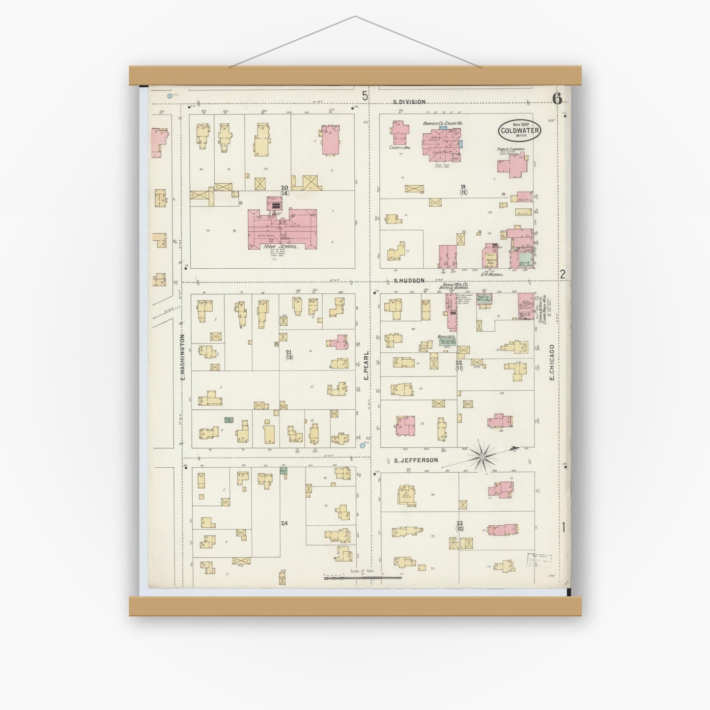 Old map wall art mockup — magnetic wood frame on white wall — Sanborn Fire Insurance Map from Coldwater, Branch County, Michigan (1897), Sheet #0006