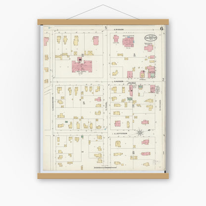 Old map wall art mockup — magnetic wood frame on white wall — Sanborn Fire Insurance Map from Coldwater, Branch County, Michigan (1897), Sheet #0006