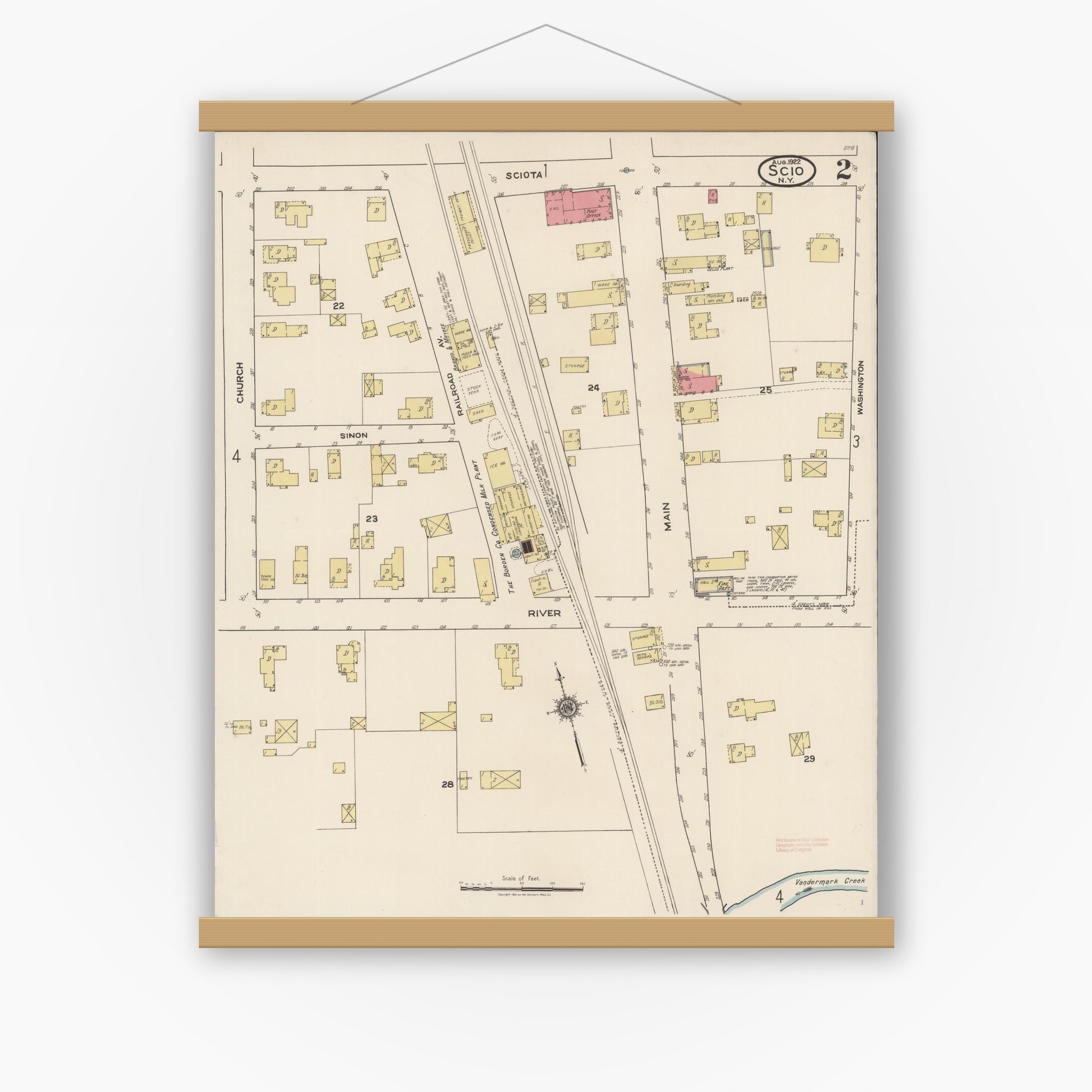 Old map wall art mockup — magnetic wood frame on white wall — Sanborn Fire Insurance Map from Scio, Allegany County, New York (1922), Sheet #0002