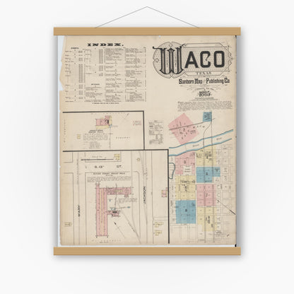 Old map wall art mockup — magnetic wood frame on white wall — Sanborn Fire Insurance Map from Waco, McLennan County, Texas (1885), Sheet #0001