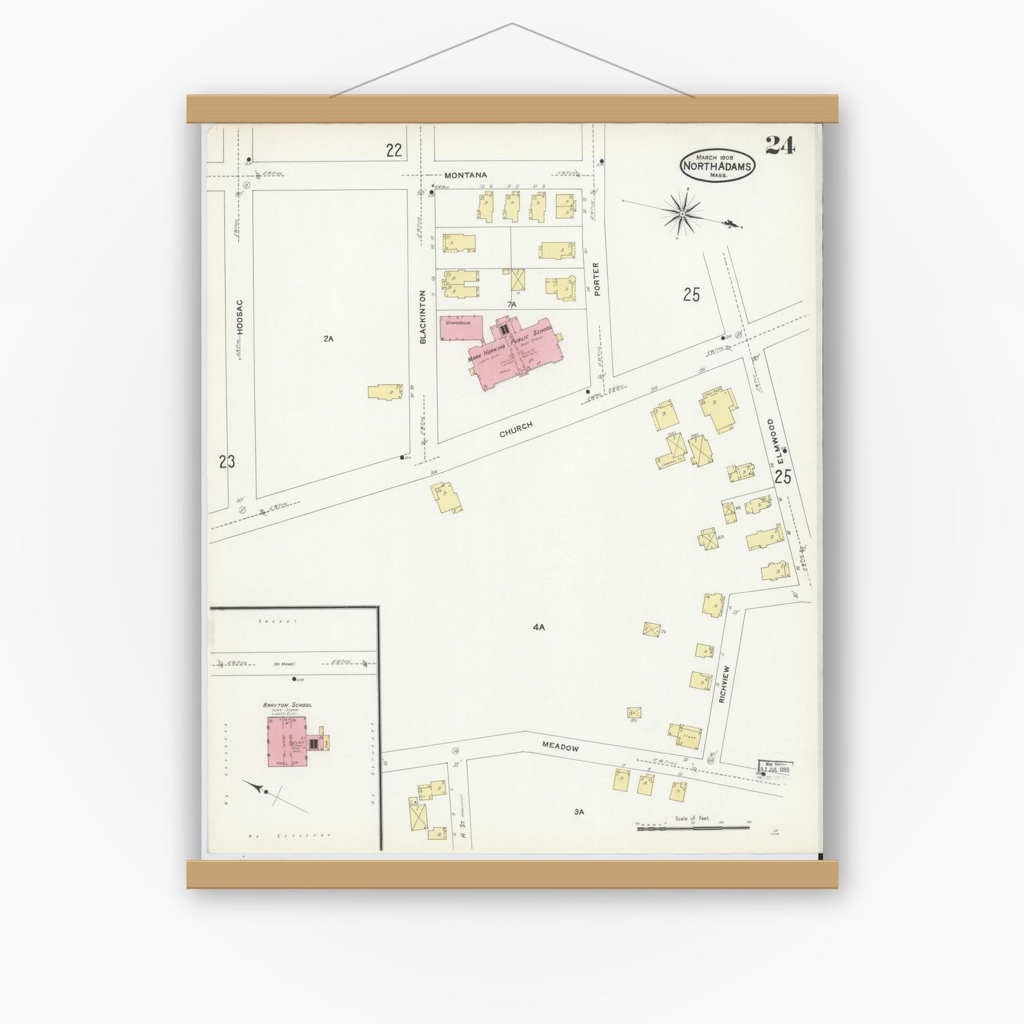 Old map wall art mockup — magnetic wood frame on white wall — Sanborn Fire Insurance Map from North Adams, Berkshire County, Massachusetts (1908), Sheet #0024