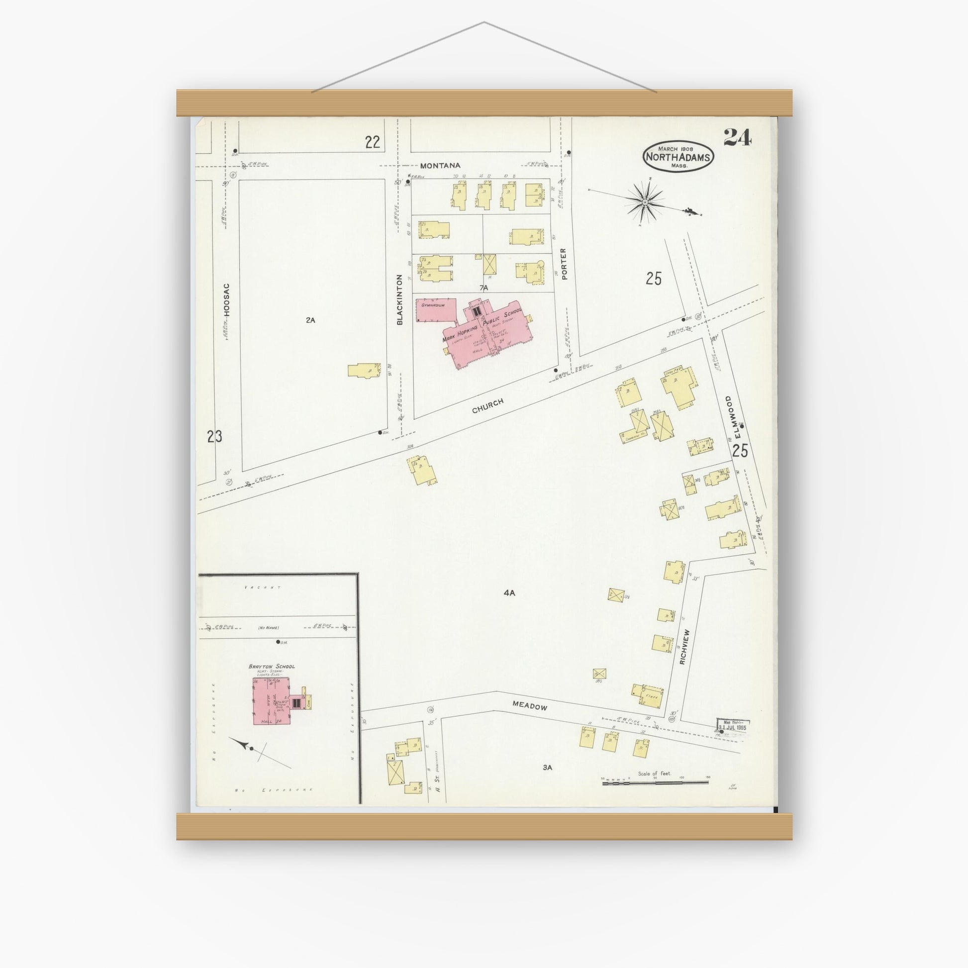 Old map wall art mockup — magnetic wood frame on white wall — Sanborn Fire Insurance Map from North Adams, Berkshire County, Massachusetts (1908), Sheet #0024
