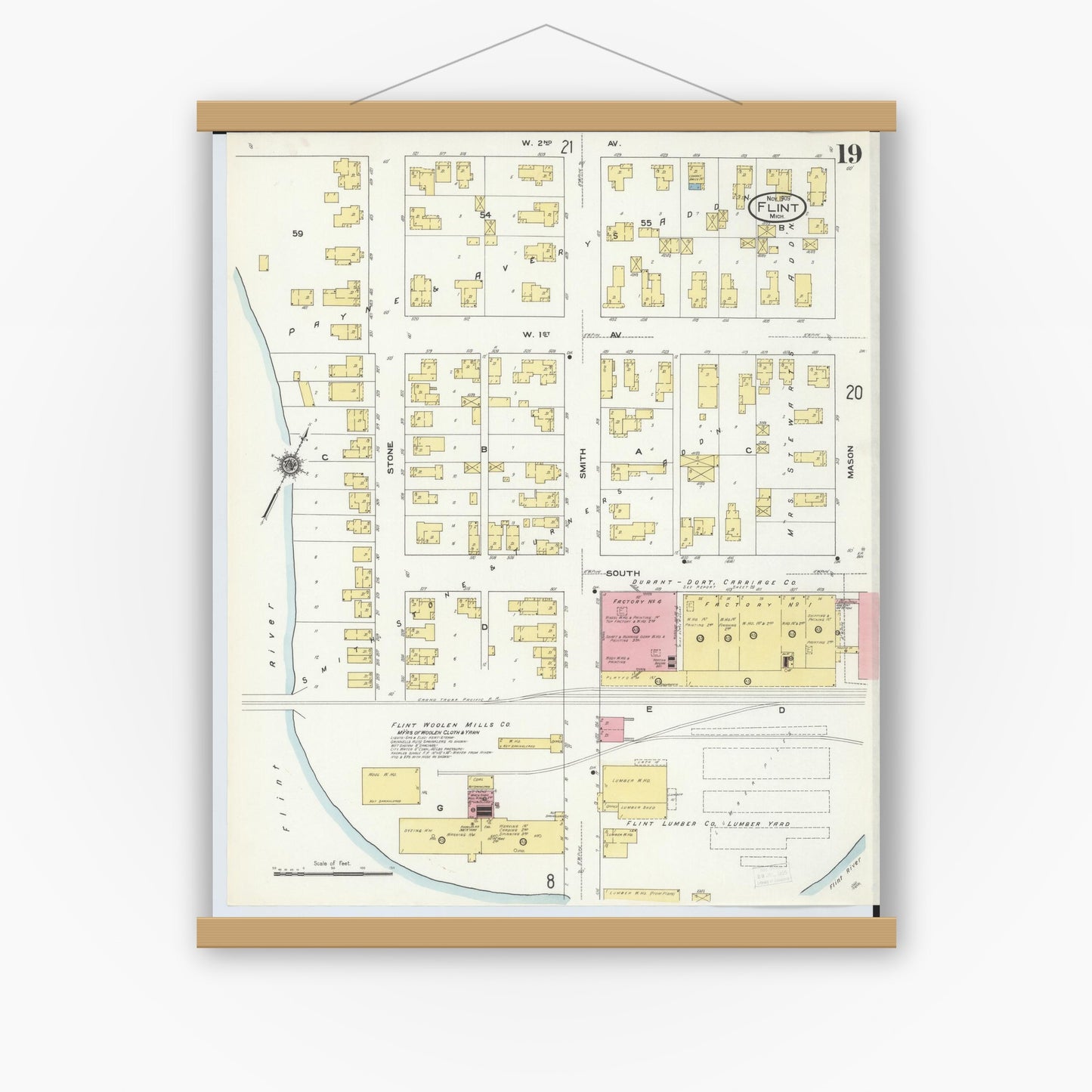 Old map wall art mockup — magnetic wood frame on white wall — Sanborn Fire Insurance Map from Flint, Genesee County, Michigan (1909), Sheet #0019