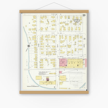Old map wall art mockup — magnetic wood frame on white wall — Sanborn Fire Insurance Map from Flint, Genesee County, Michigan (1909), Sheet #0019