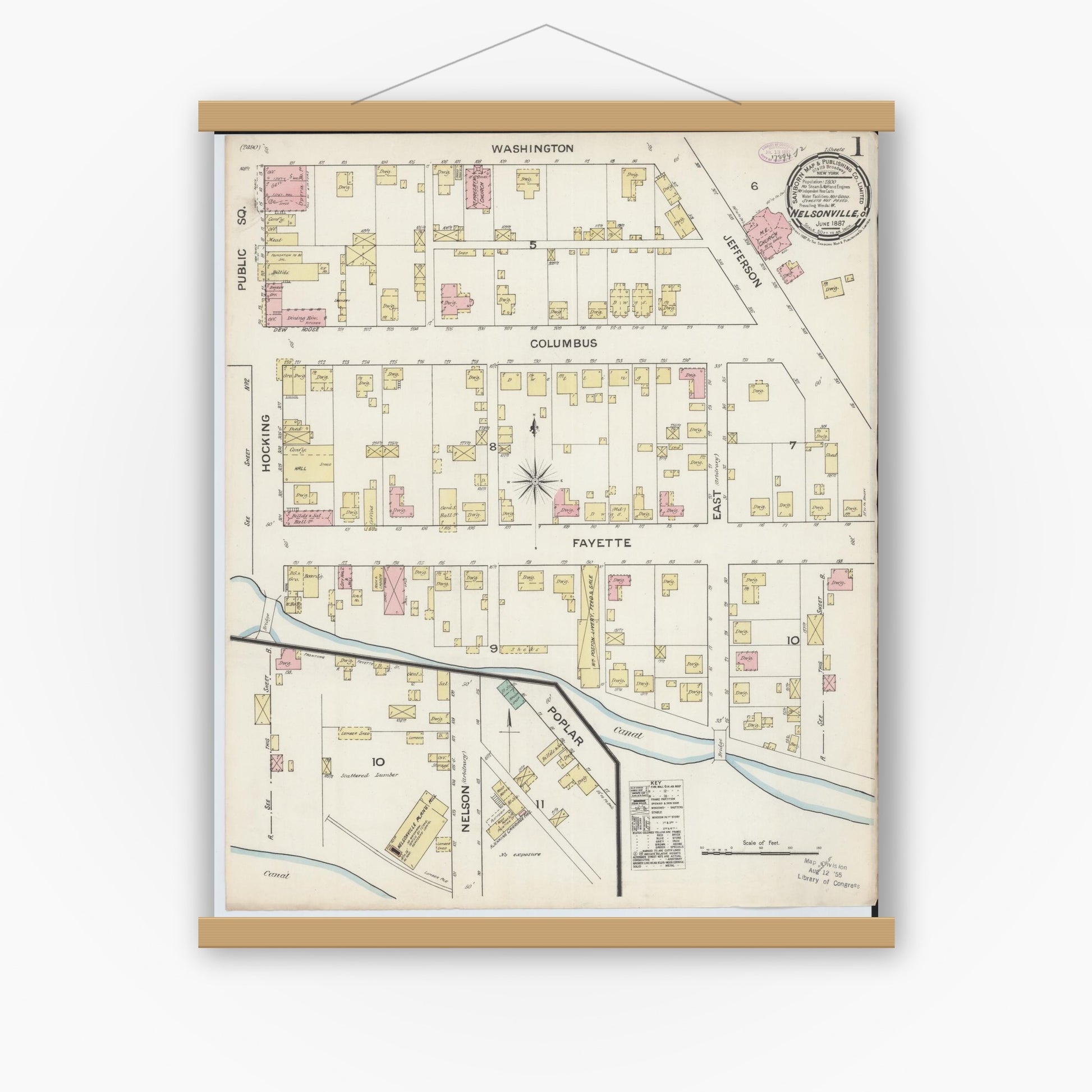 Old map wall art mockup — magnetic wood frame on white wall — Sanborn Fire Insurance Map from Nelsonville, Athens County, Ohio (1887) - Complete Map Set