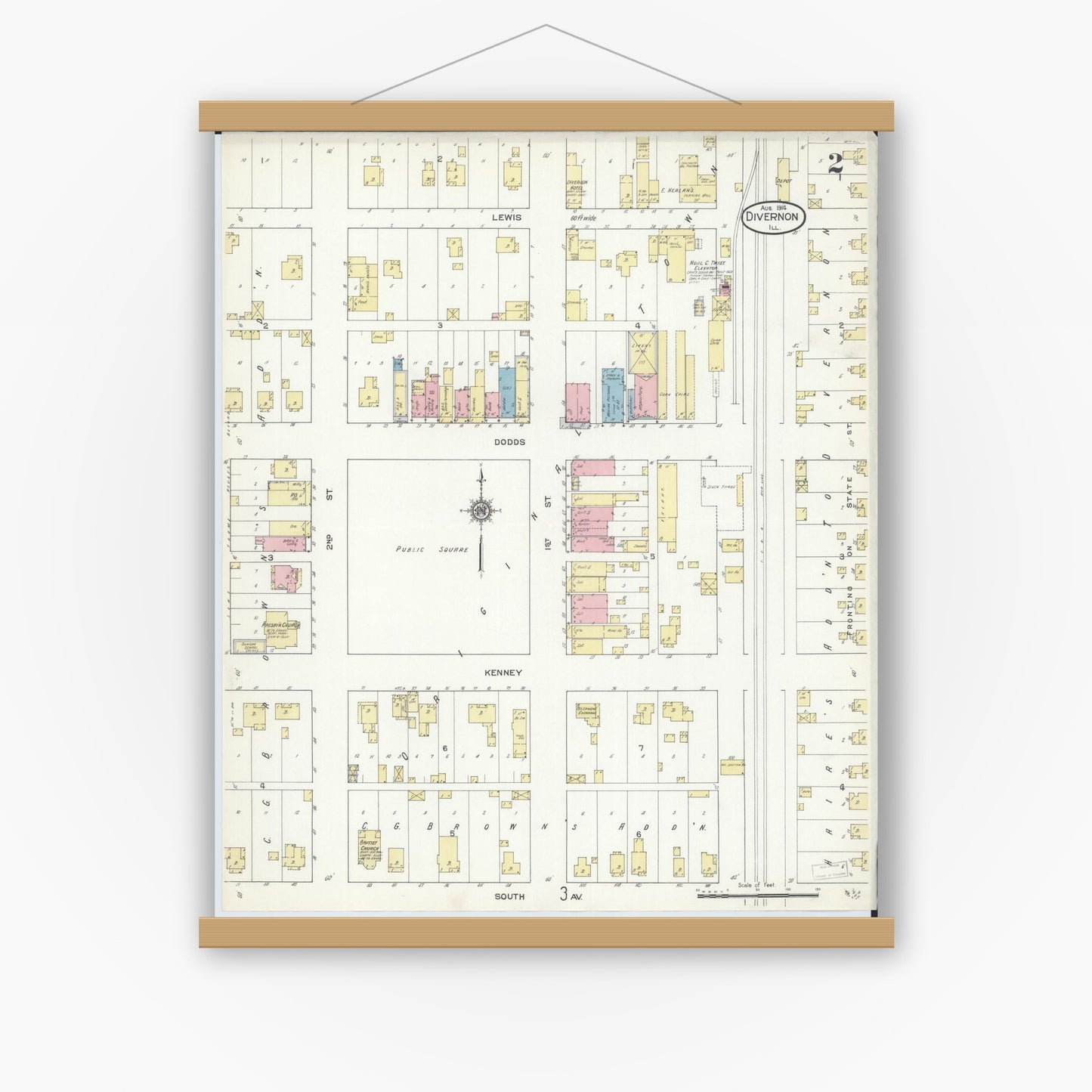 Old map wall art mockup — magnetic wood frame on white wall — Sanborn Fire Insurance Map from Divernon, Sangamon County, Illinois (1914), Sheet #0002