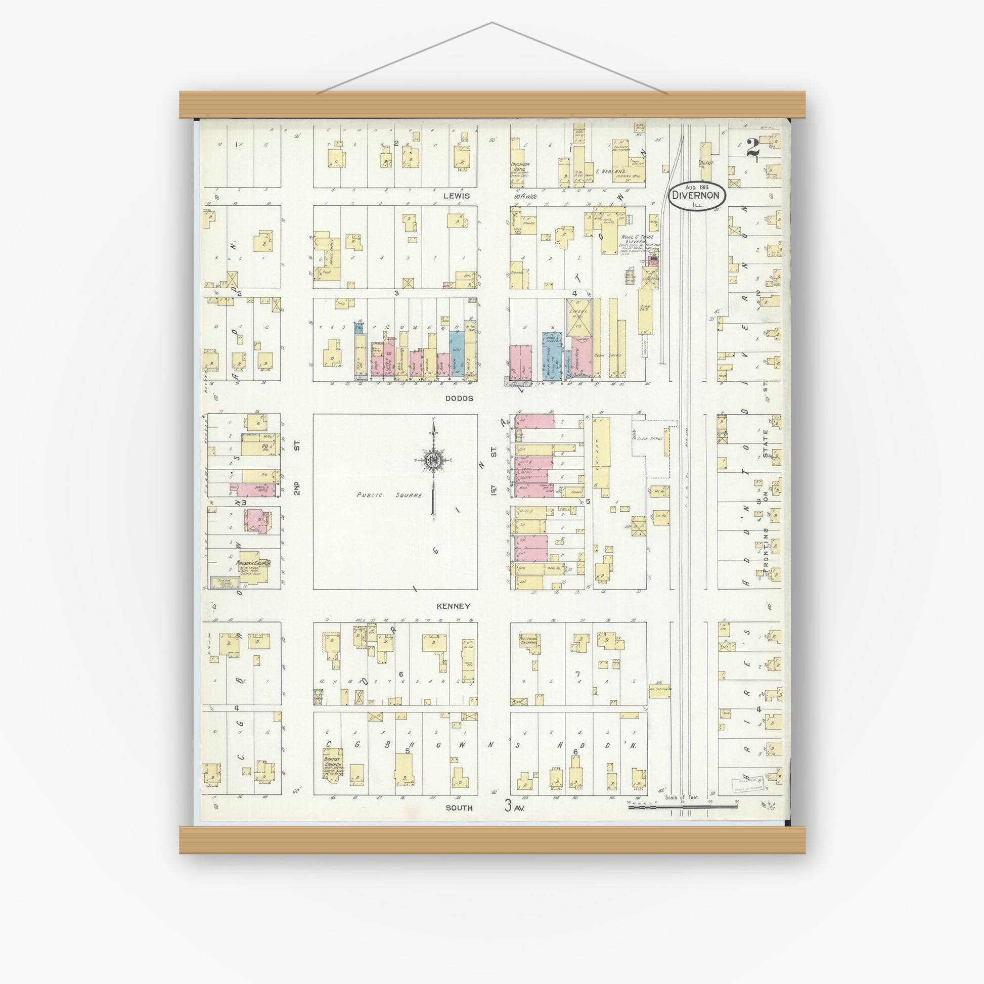 Old map wall art mockup — magnetic wood frame on white wall — Sanborn Fire Insurance Map from Divernon, Sangamon County, Illinois (1914), Sheet #0002
