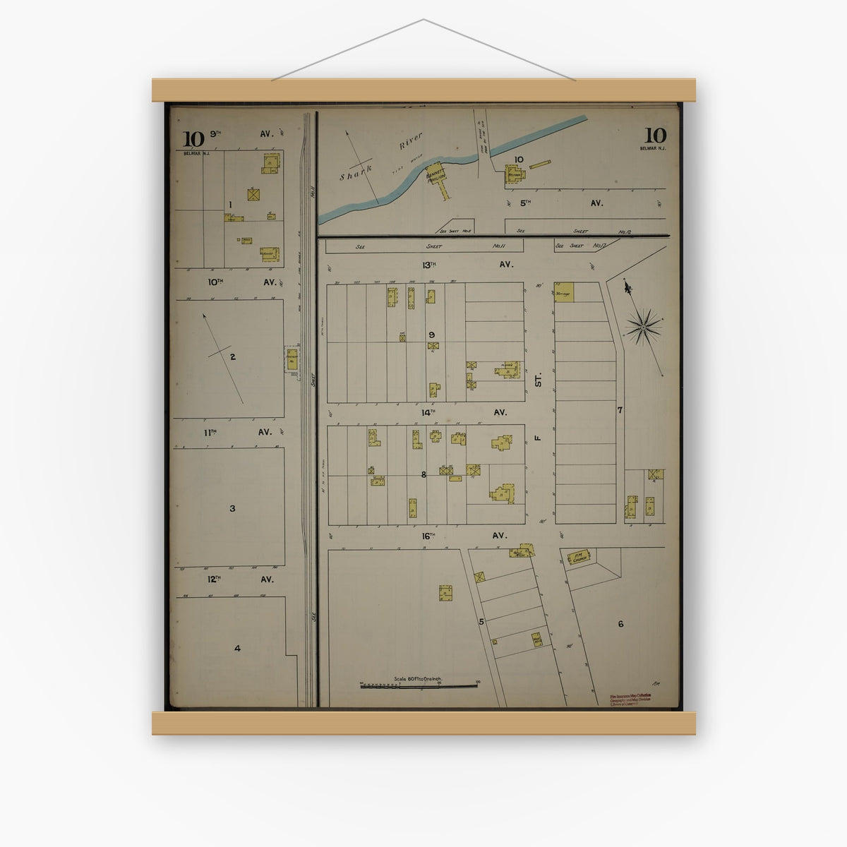 Old map wall art mockup — magnetic wood frame on white wall — Sanborn Fire Insurance Map from New Jersey Coast, New Jersey Coast, New Jersey (1890), Sheet #0010