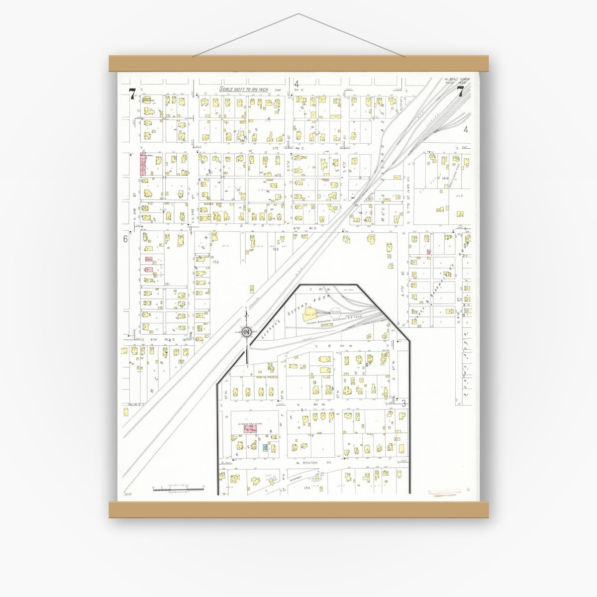 Old map wall art mockup — magnetic wood frame on white wall — Sanborn Fire Insurance Map from Albia, Monroe County, Iowa (1933), Sheet #0007