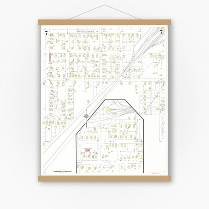 Old map wall art mockup — magnetic wood frame on white wall — Sanborn Fire Insurance Map from Albia, Monroe County, Iowa (1933), Sheet #0007