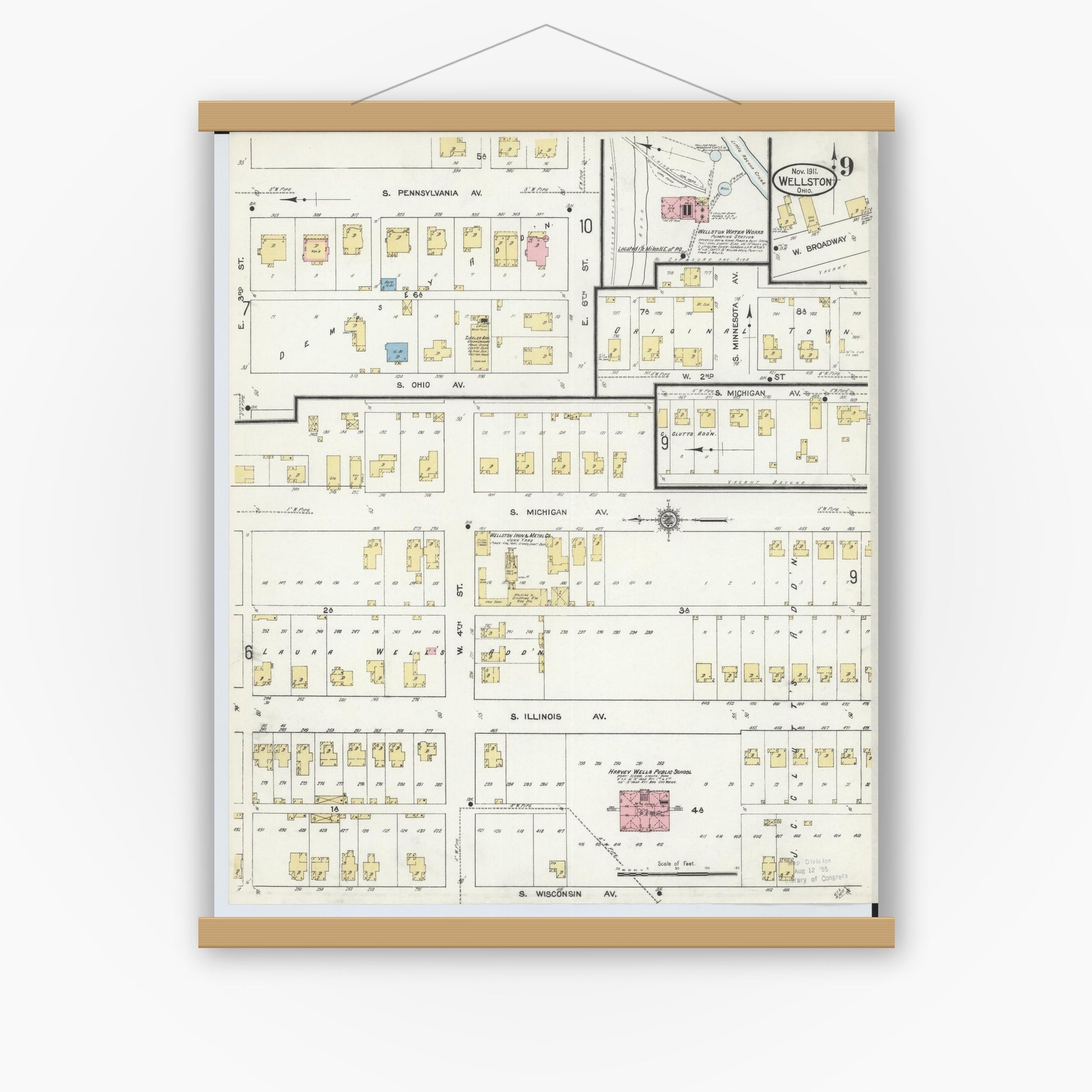 Old map wall art mockup — magnetic wood frame on white wall — Sanborn Fire Insurance Map from Wellston, Jackson County, Ohio (1911), Sheet #0009