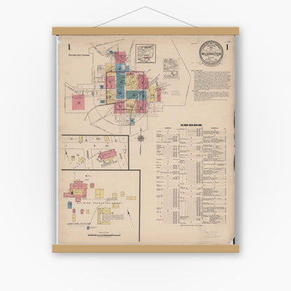 Old map wall art mockup — magnetic wood frame on white wall — Sanborn Fire Insurance Map from Wilmington, Clinton County, Ohio (1922), Sheet #0001