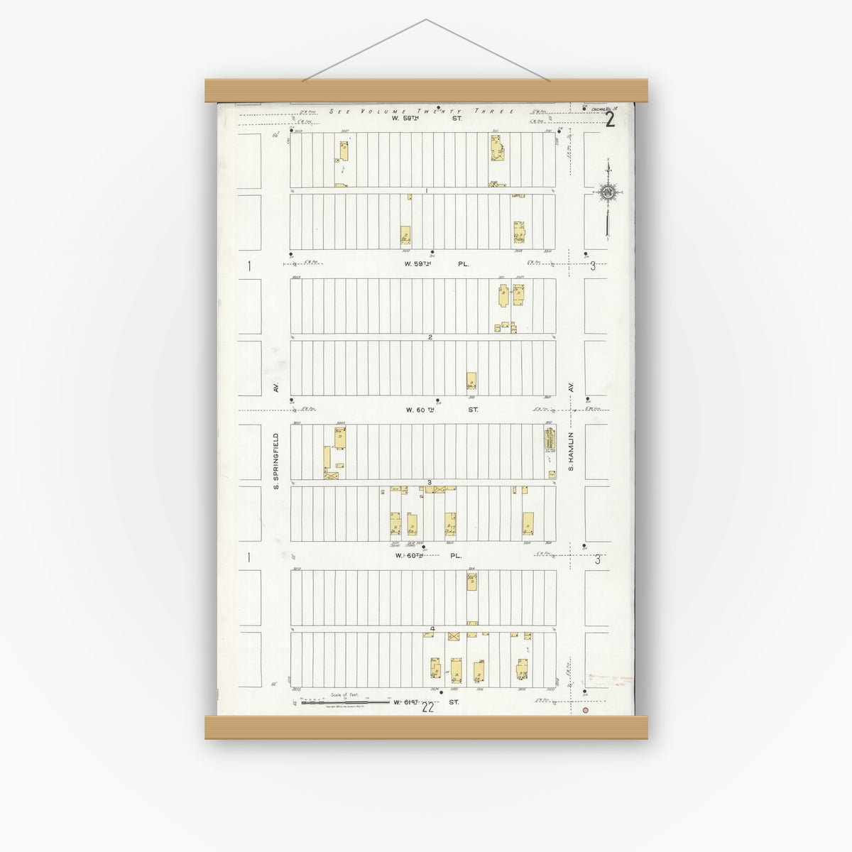 Old map wall art mockup — magnetic wood frame on white wall — Sanborn Fire Insurance Map from Chicago, Cook County, Illinois (1920), Sheet #0002