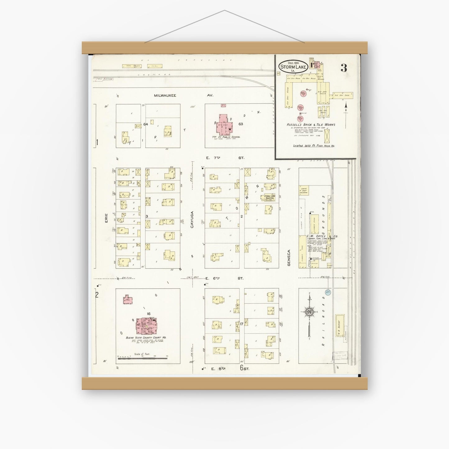 Old map wall art mockup — magnetic wood frame on white wall — Sanborn Fire Insurance Map from Storm Lake, Buena Vista County, Iowa (1914), Sheet #0003