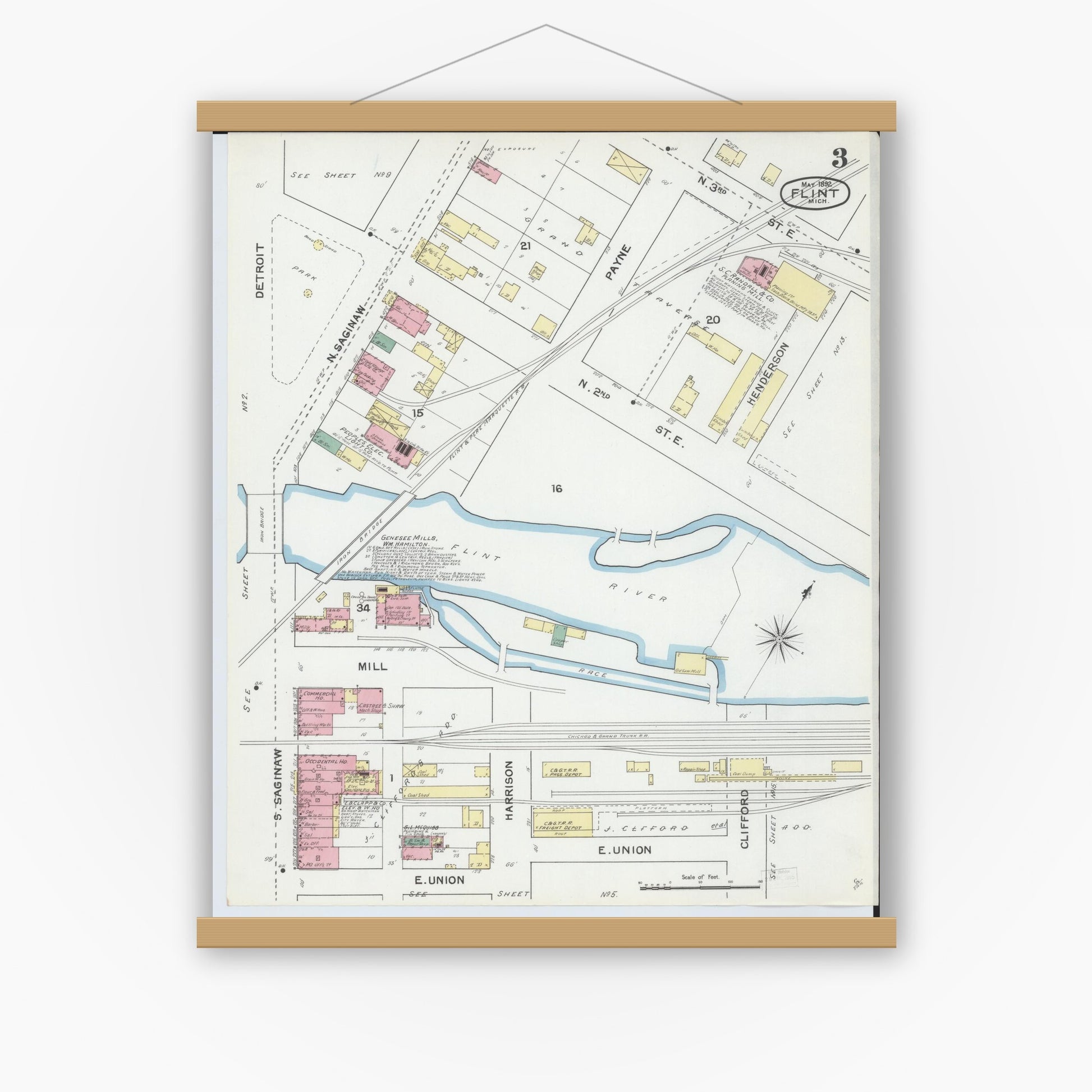 Old map wall art mockup — magnetic wood frame on white wall — Sanborn Fire Insurance Map from Flint, Genesee County, Michigan (1892), Sheet #0003