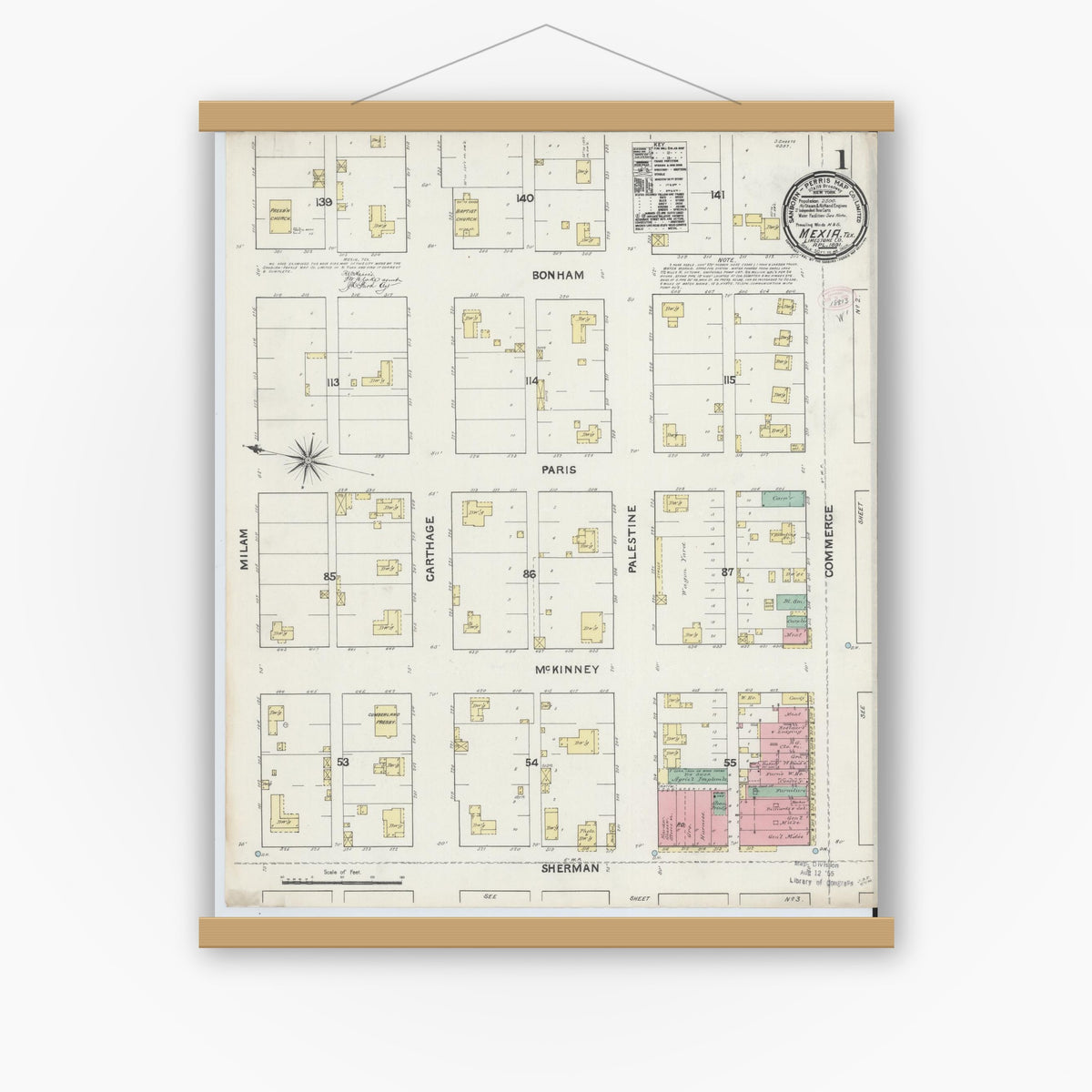 Old map wall art mockup — magnetic wood frame on white wall — Sanborn Fire Insurance Map from Mexia, Limestone County, Texas (1891), Sheet #0001