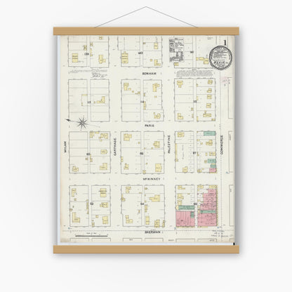 Old map wall art mockup — magnetic wood frame on white wall — Sanborn Fire Insurance Map from Mexia, Limestone County, Texas (1891), Sheet #0001