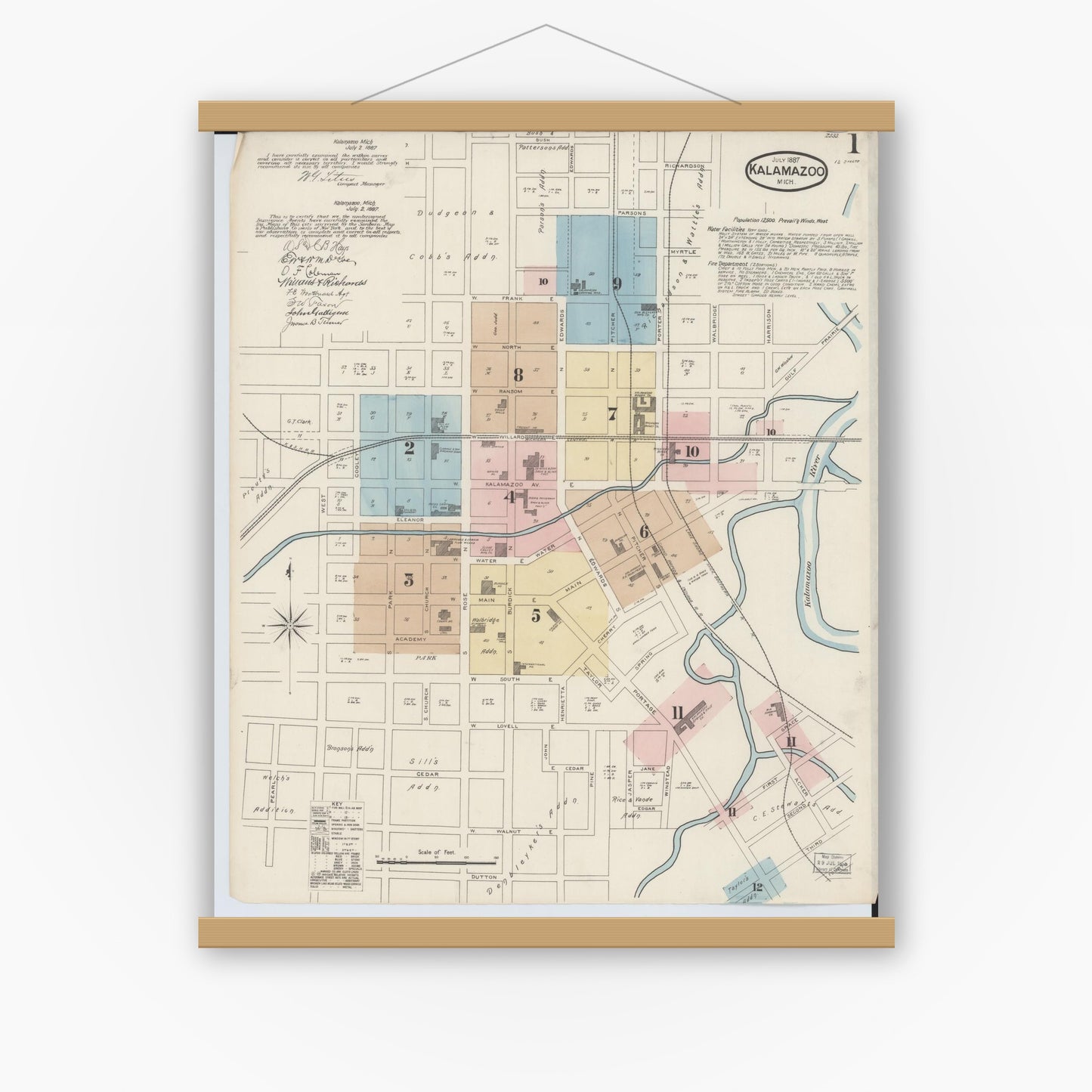 Old map wall art mockup — magnetic wood frame on white wall — Sanborn Fire Insurance Map from Kalamazoo, Kalamazoo County, Michigan (1887) - Complete Map Set