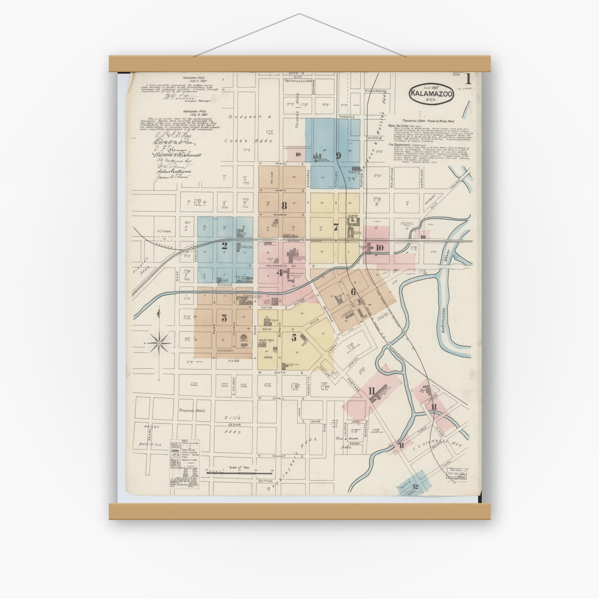 Old map wall art mockup — magnetic wood frame on white wall — Sanborn Fire Insurance Map from Kalamazoo, Kalamazoo County, Michigan (1887) - Complete Map Set