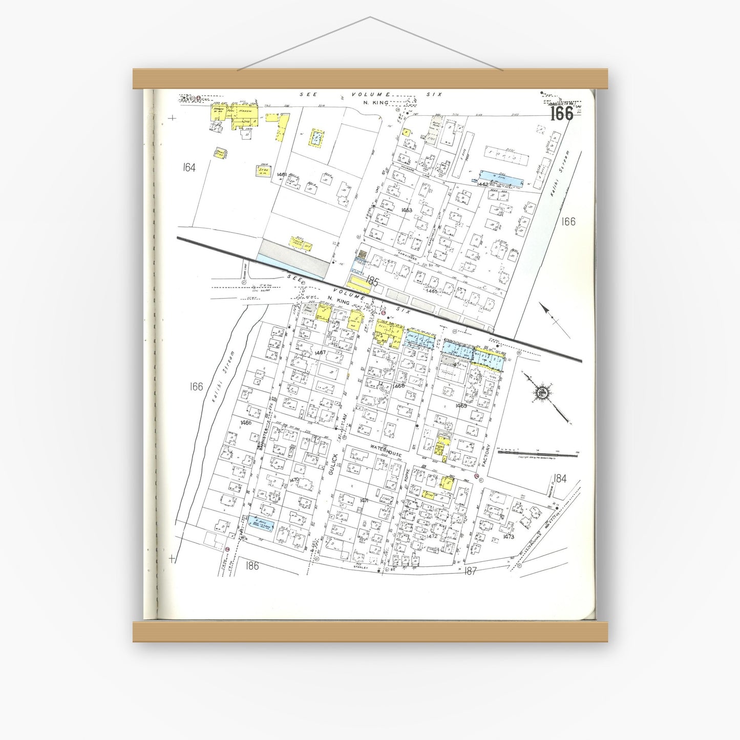 Old map wall art mockup — magnetic wood frame on white wall — Sanborn Fire Insurance Map from Honolulu, Oahu County, Hawaii (1955), Sheet #0166