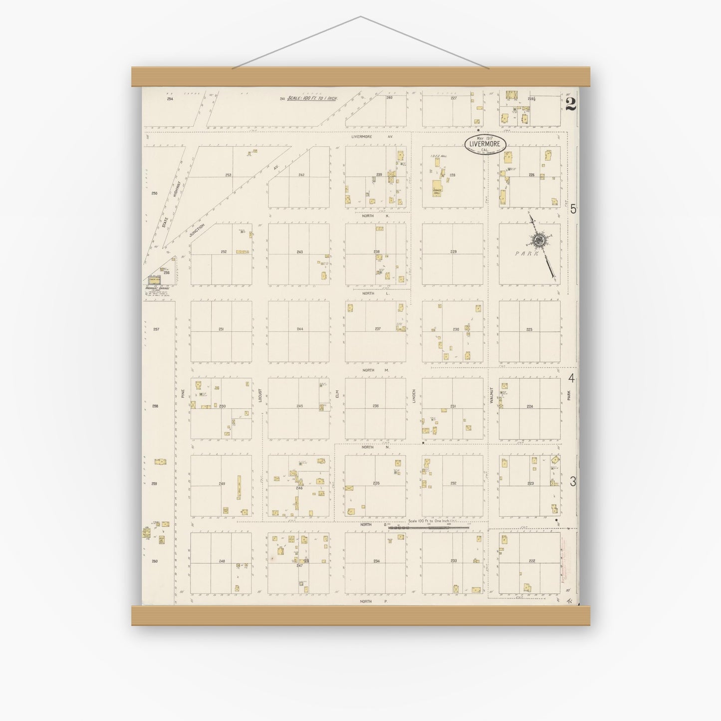 Old map wall art mockup — magnetic wood frame on white wall — Sanborn Fire Insurance Map from Livermore, Alameda County, California (1917), Sheet #0002