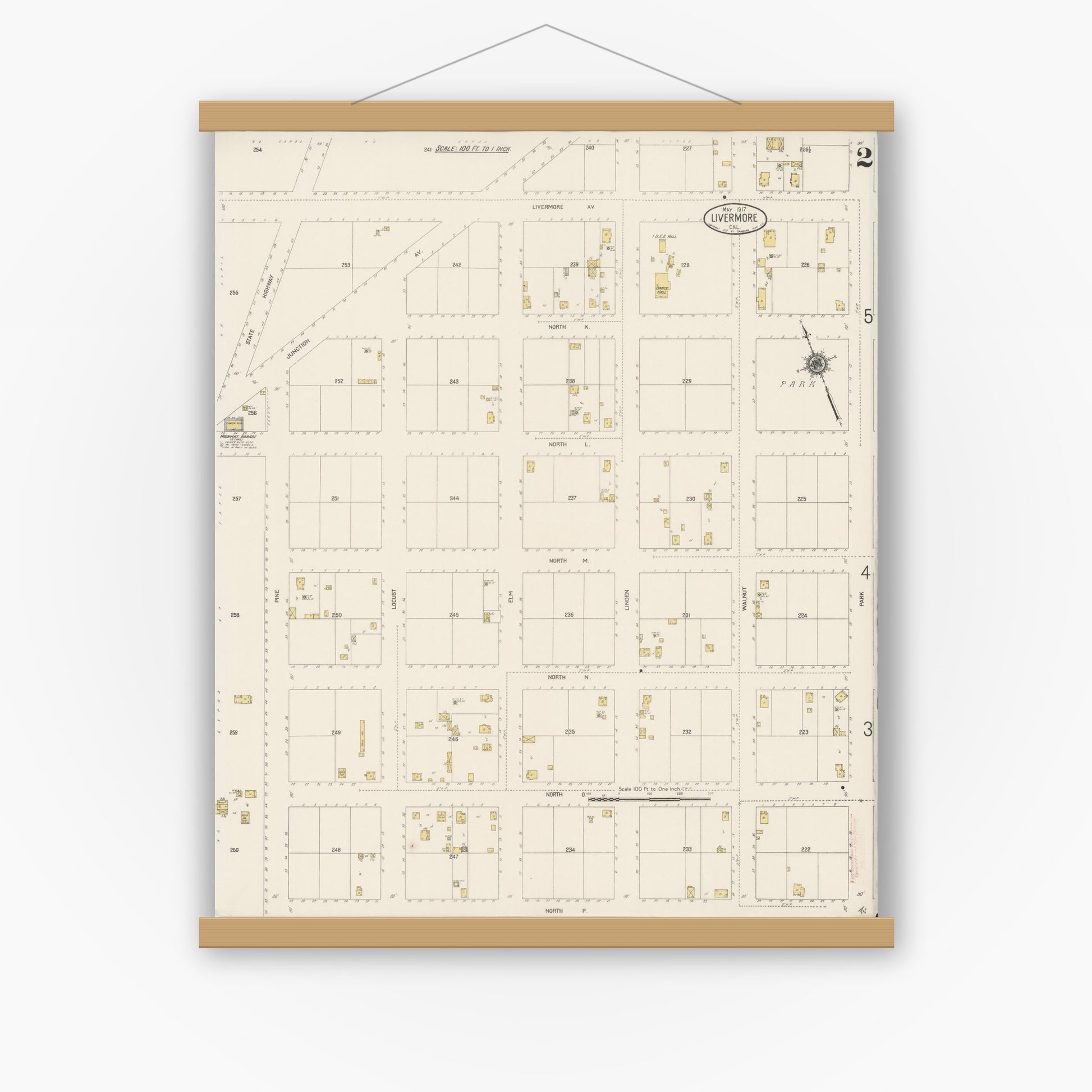 Old map wall art mockup — magnetic wood frame on white wall — Sanborn Fire Insurance Map from Livermore, Alameda County, California (1917), Sheet #0002