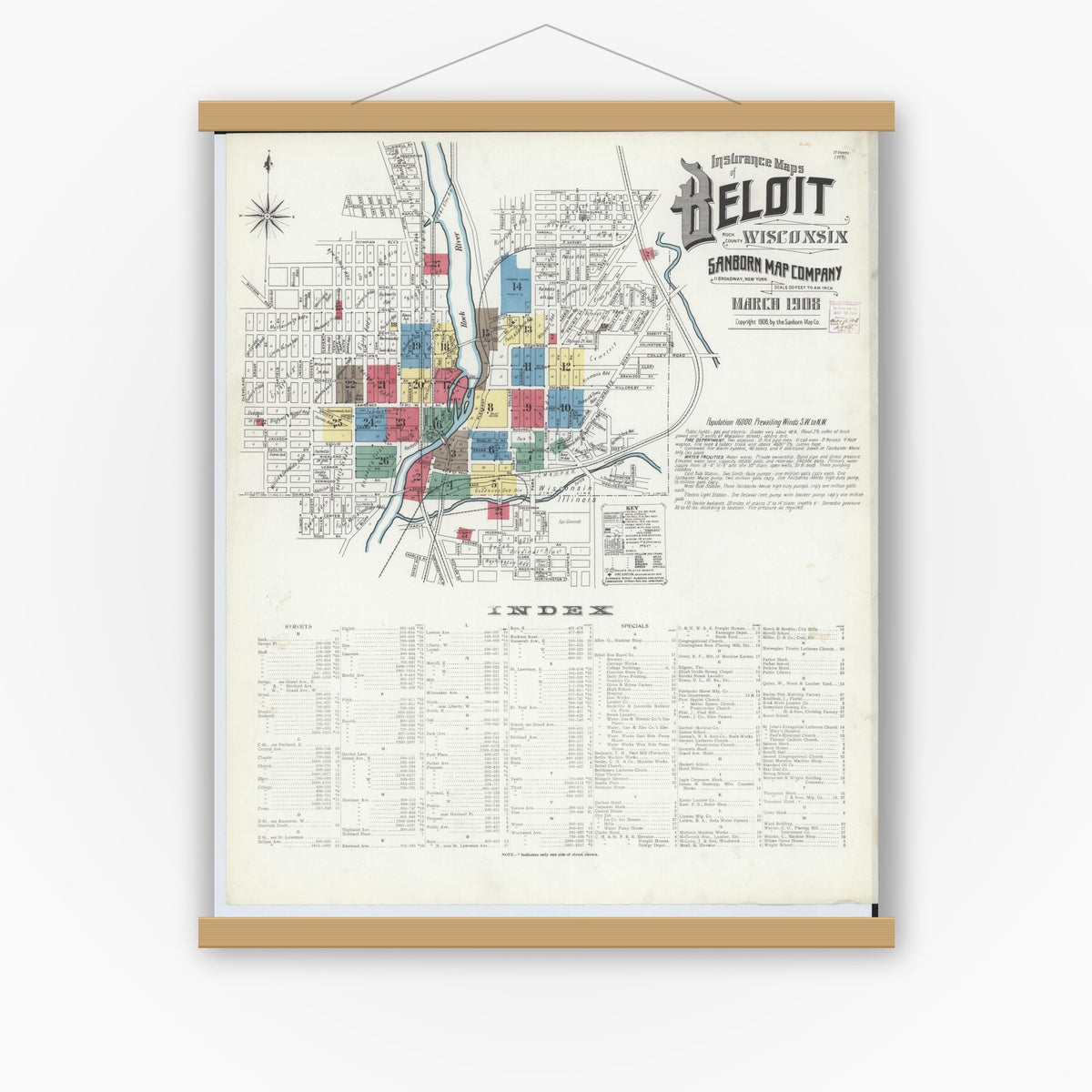 Old map wall art mockup — magnetic wood frame on white wall — Sanborn Fire Insurance Map from Beloit, Rock County, Wisconsin (1908), Sheet #0001