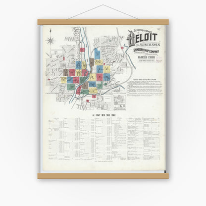 Old map wall art mockup — magnetic wood frame on white wall — Sanborn Fire Insurance Map from Beloit, Rock County, Wisconsin (1908), Sheet #0001