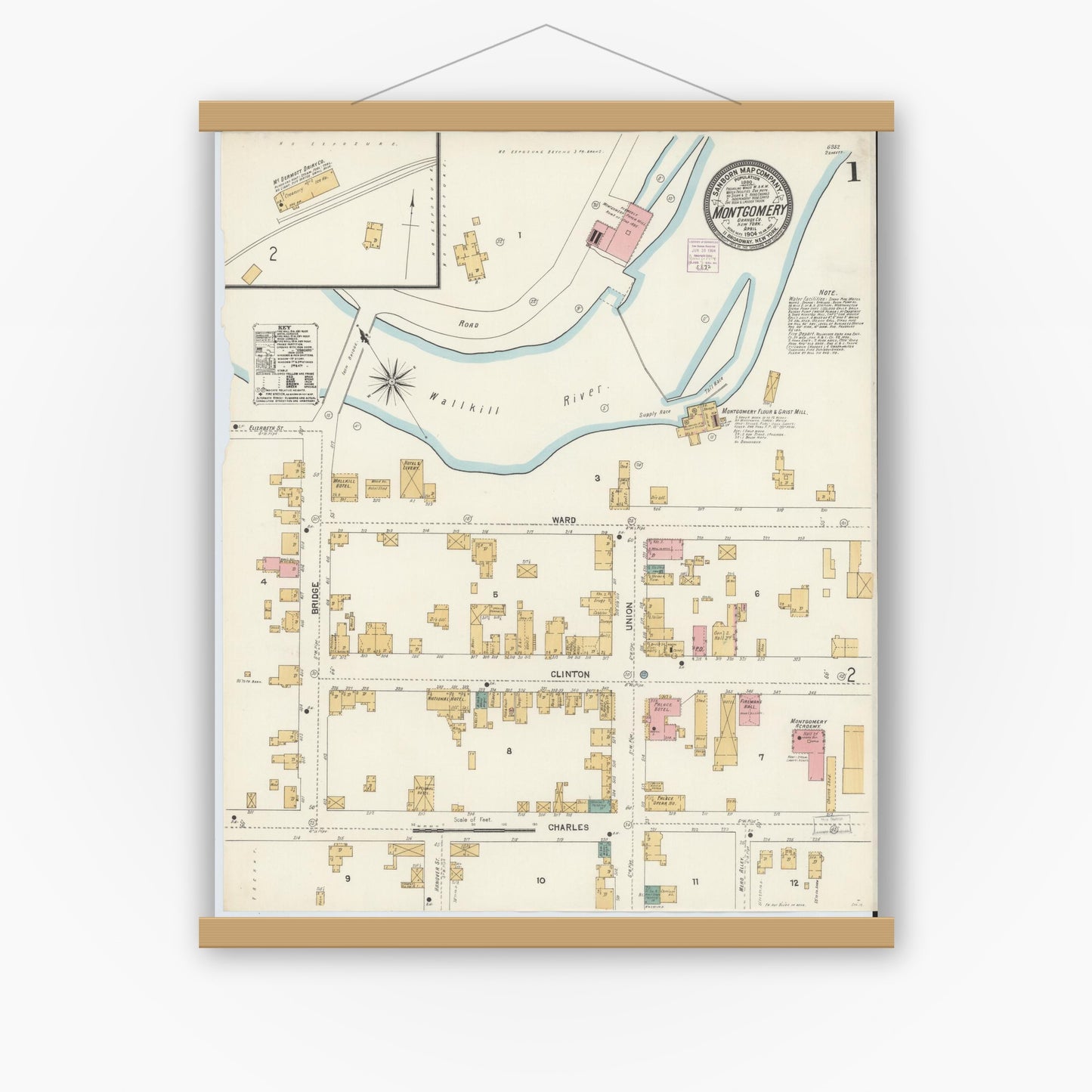 Old map wall art mockup — magnetic wood frame on white wall — Sanborn Fire Insurance Map from Montgomery, Orange County, New York (1904), Sheet #0001