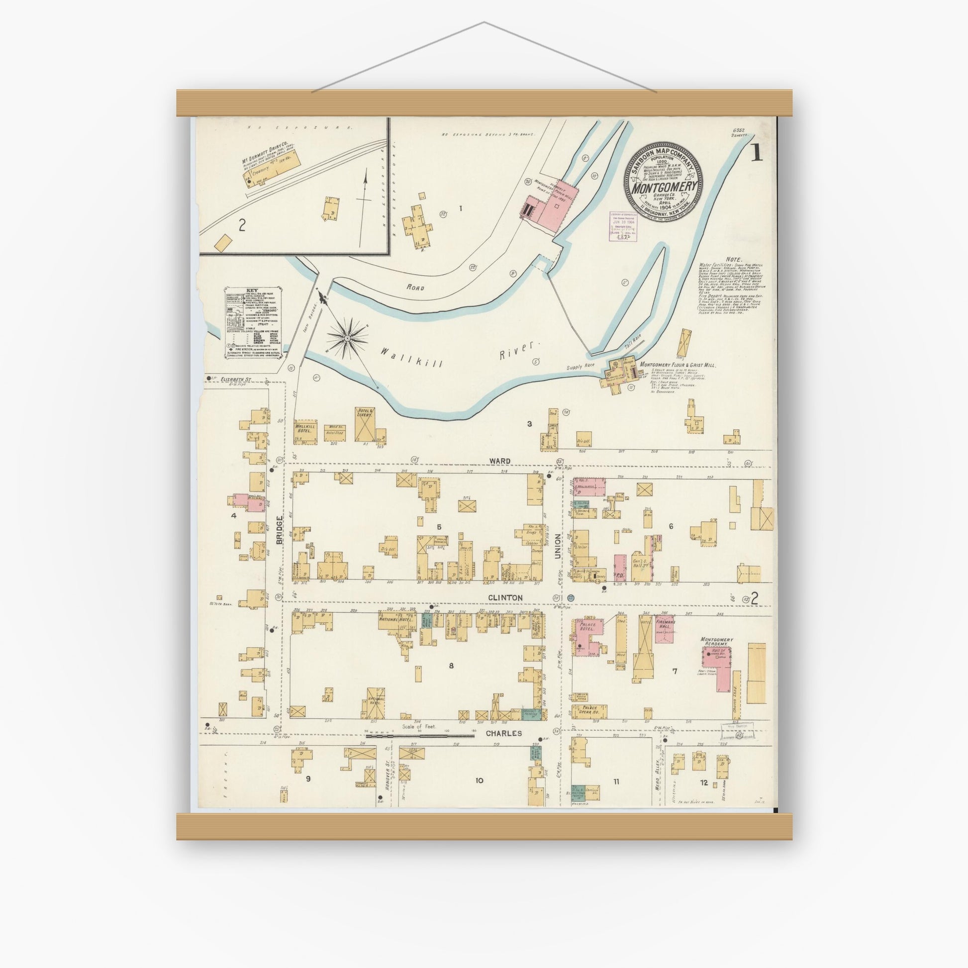 Old map wall art mockup — magnetic wood frame on white wall — Sanborn Fire Insurance Map from Montgomery, Orange County, New York (1904), Sheet #0001