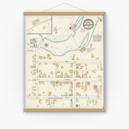 Old map wall art mockup — magnetic wood frame on white wall — Sanborn Fire Insurance Map from Montgomery, Orange County, New York (1904), Sheet #0001
