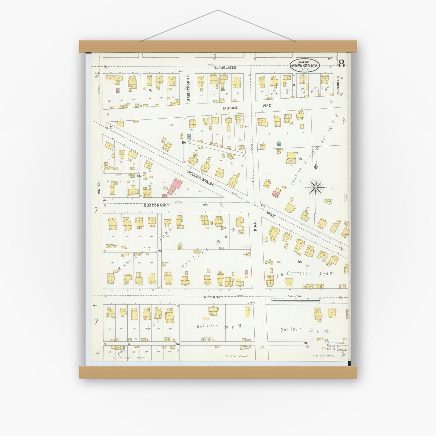 Old map wall art mockup — magnetic wood frame on white wall — Sanborn Fire Insurance Map from Wapakoneta, Auglaize County, Ohio (1904), Sheet #0008