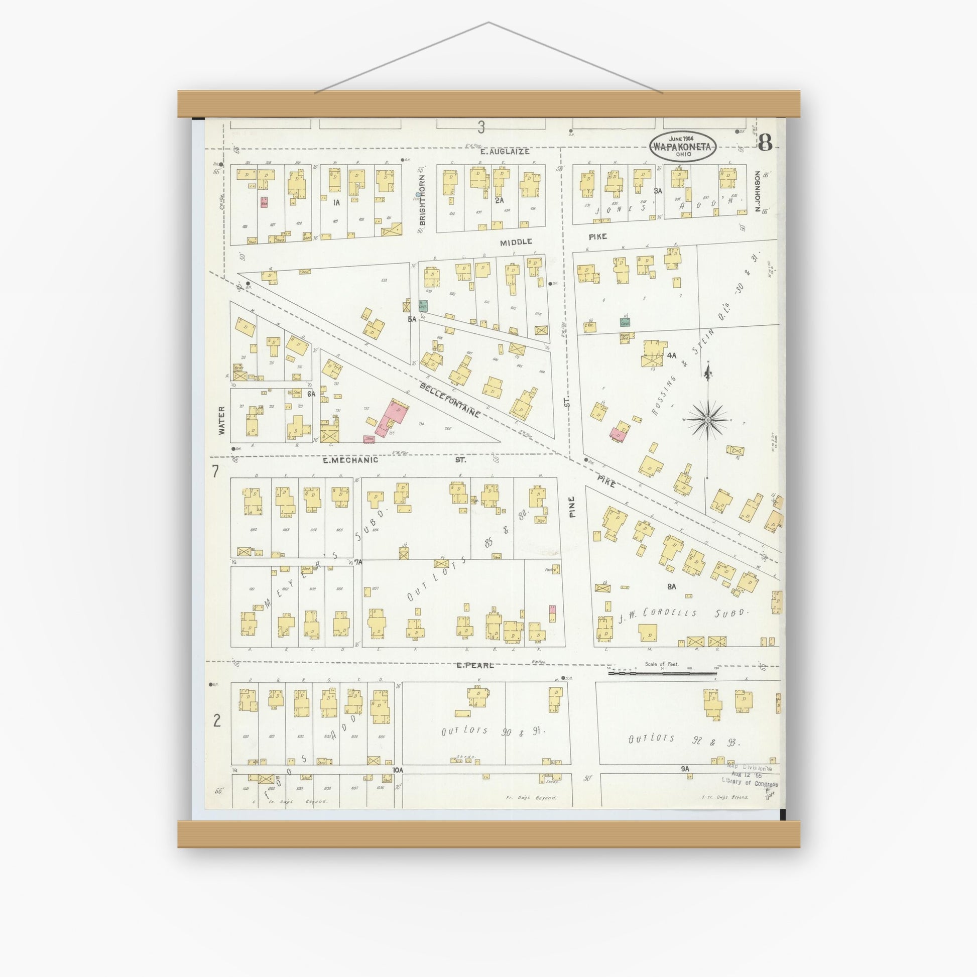 Old map wall art mockup — magnetic wood frame on white wall — Sanborn Fire Insurance Map from Wapakoneta, Auglaize County, Ohio (1904), Sheet #0008