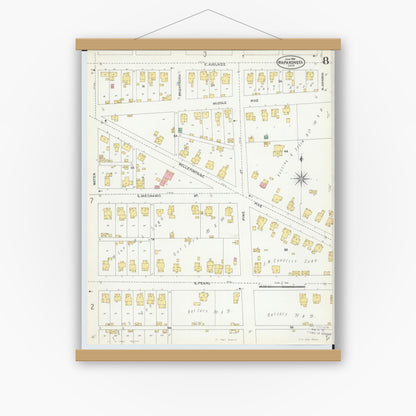 Old map wall art mockup — magnetic wood frame on white wall — Sanborn Fire Insurance Map from Wapakoneta, Auglaize County, Ohio (1904), Sheet #0008